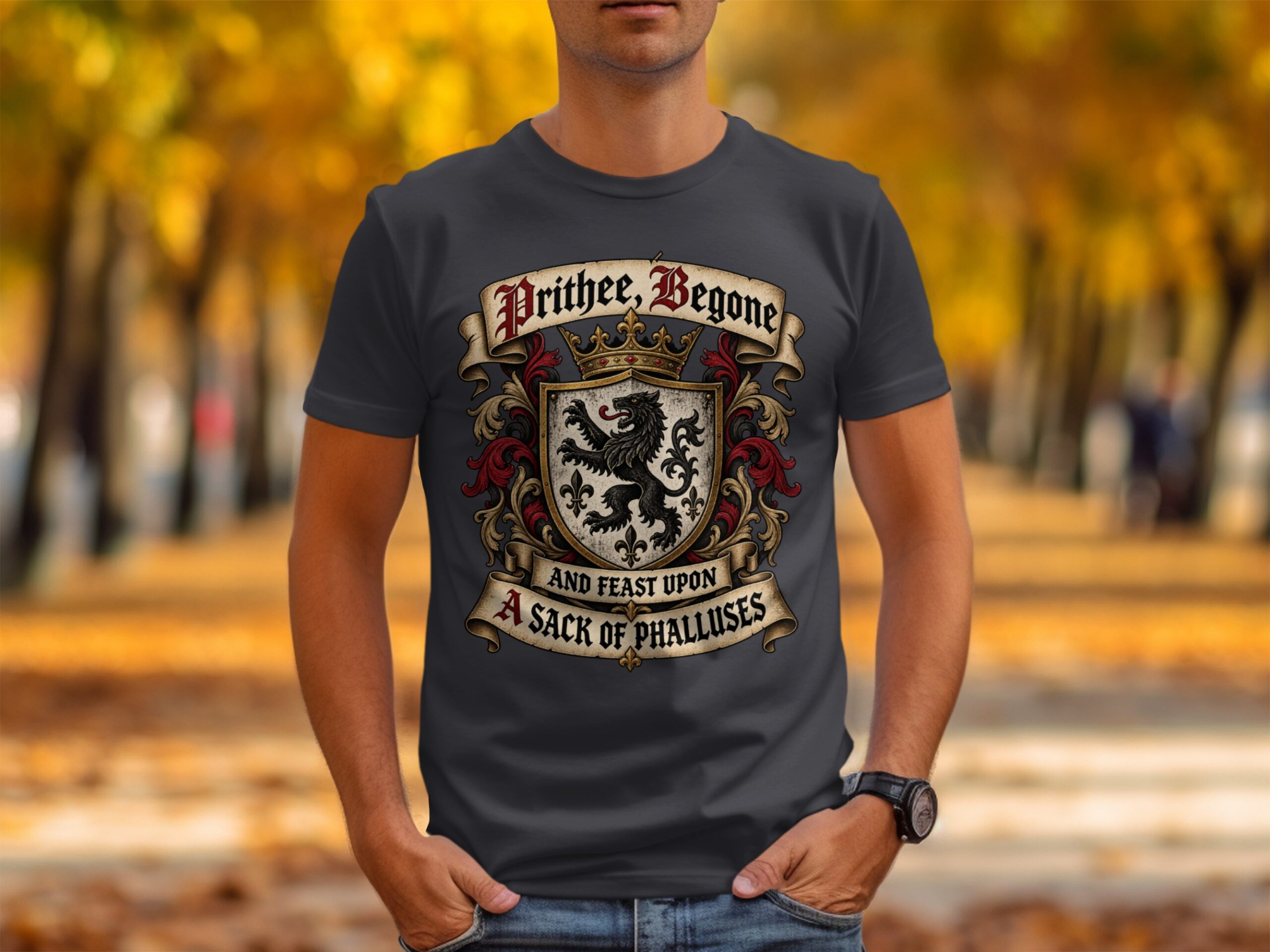 Prithee Begone Shirt Medieval Heraldry Graphic Tee Funny Renaissance Faire Shirt Sarcastic Humor Coat of Arms T-Shirt Gag Gift For Friend - Image 3