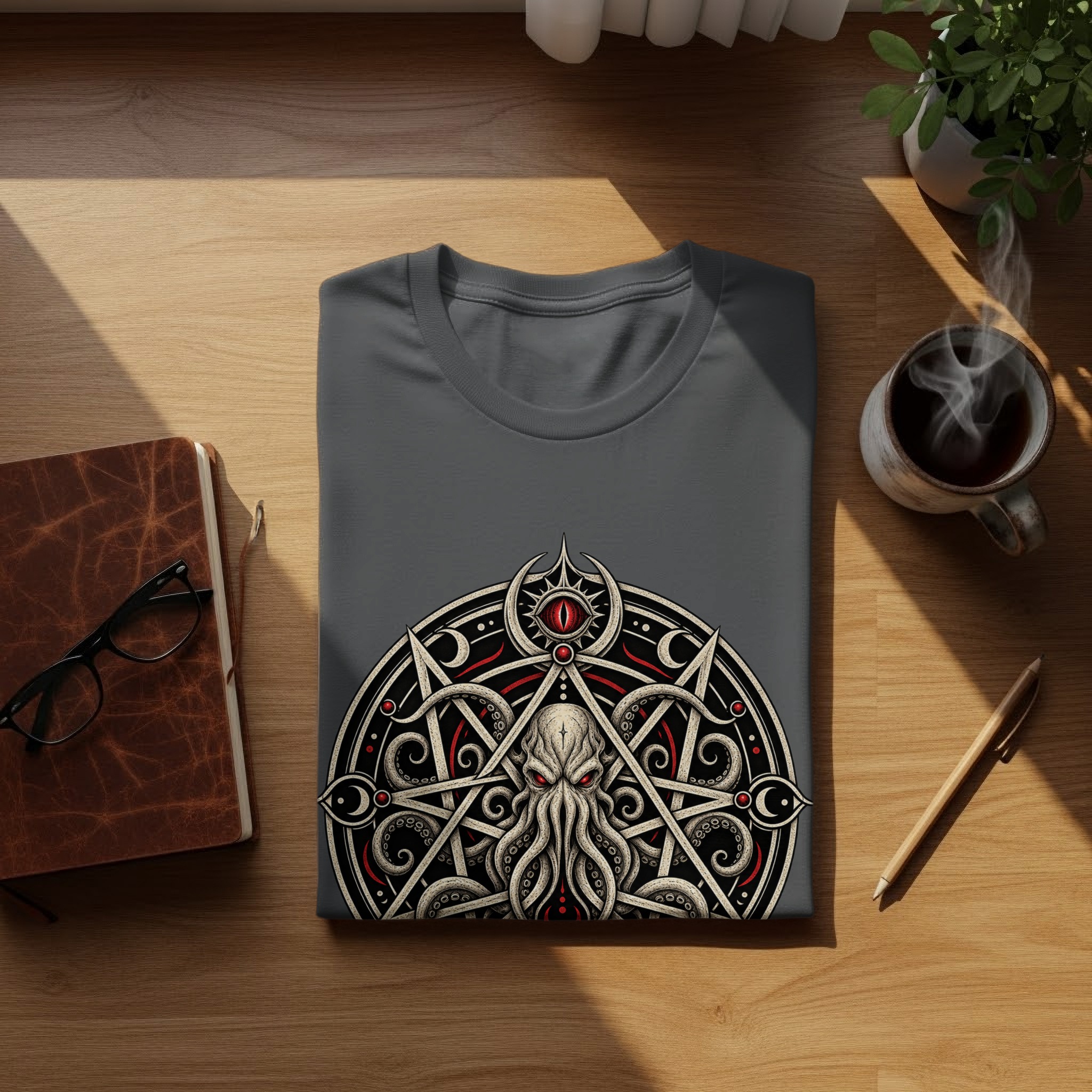 Lovecraftian Cthulhu Pentagram T-Shirt, Eldritch Horror Eye Gothic Occult Graphic Tee for Dark Academia Fans & Fantasy Fan Gift - Image 3