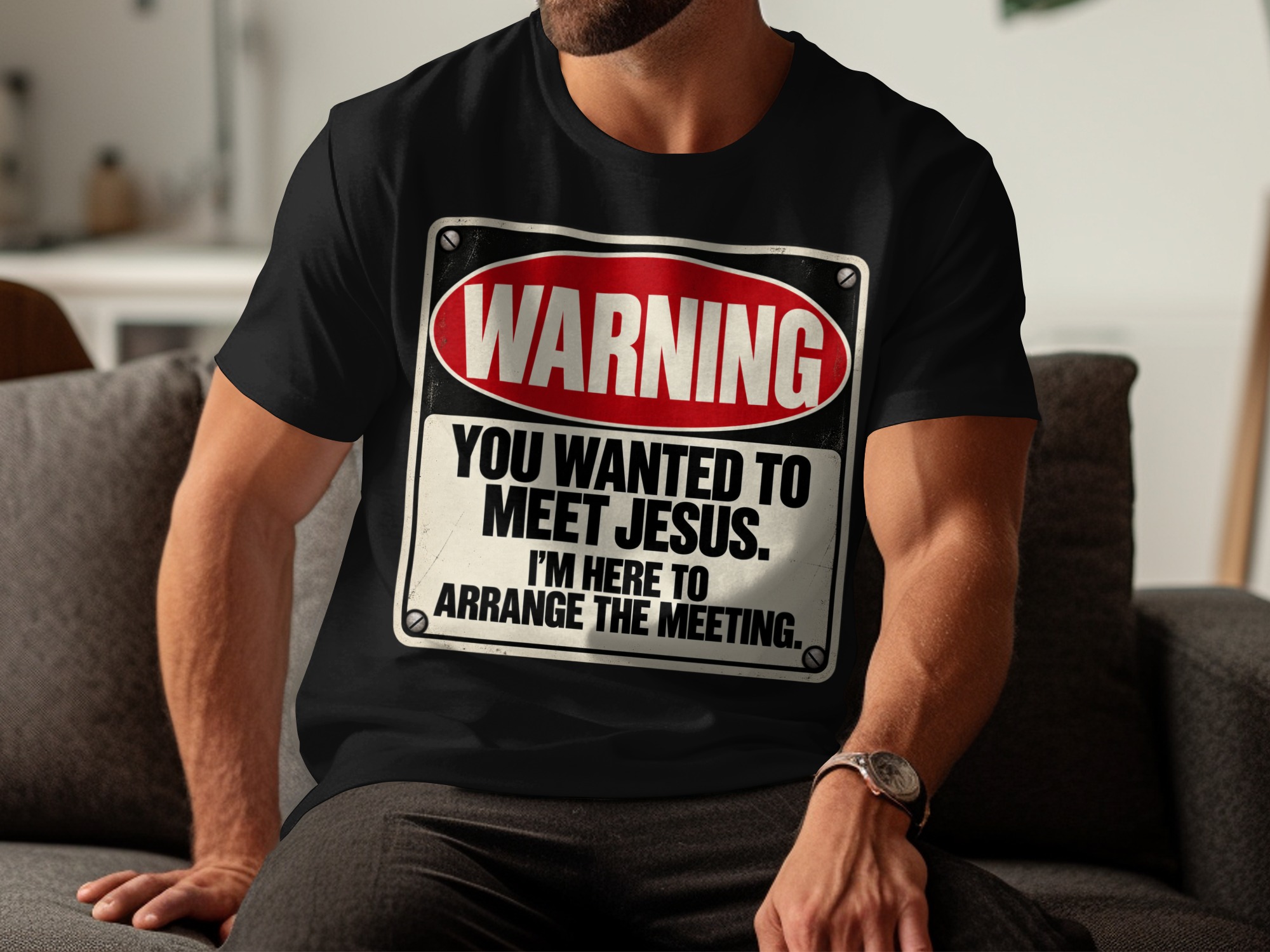Meet Jesus Sarcastic T-Shirt, Warning Sign Graphic Tee, Funny Dark Humor Shirt for Men, Retro Novelty Streetwear Vintage Quote Top - Image 4