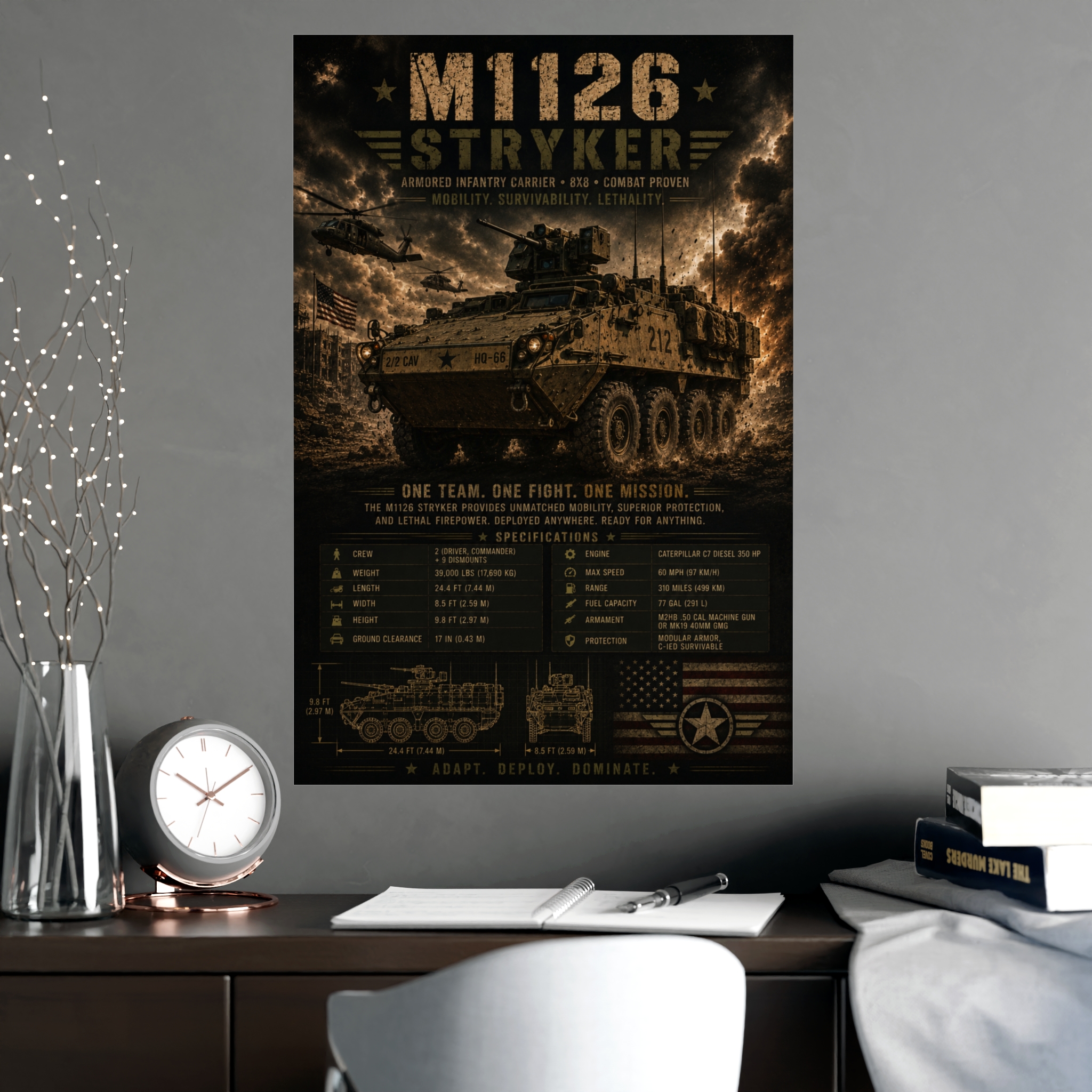 M1126 Stryker Armored Vehicle Poster, Military Wall Art Print, Combat Proven Tank Specifications, Patriotic US Army Gift for Him - Image 2