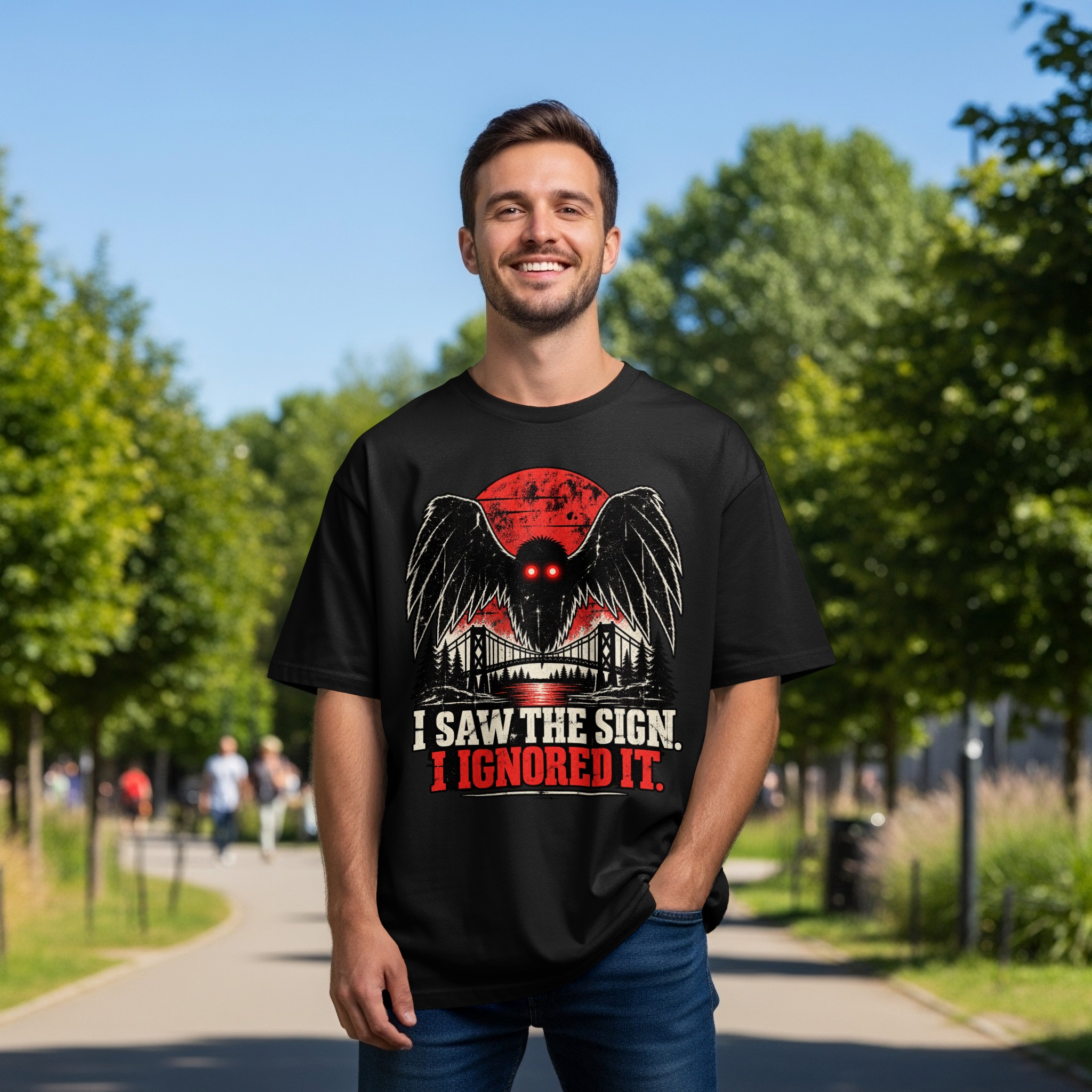 Mothman T-Shirt Funny Cryptid Graphic Tee, Retro Vintage Horror Shirt, I Saw The Sign Paranormal Dark Humor Streetwear Gift - Image 10