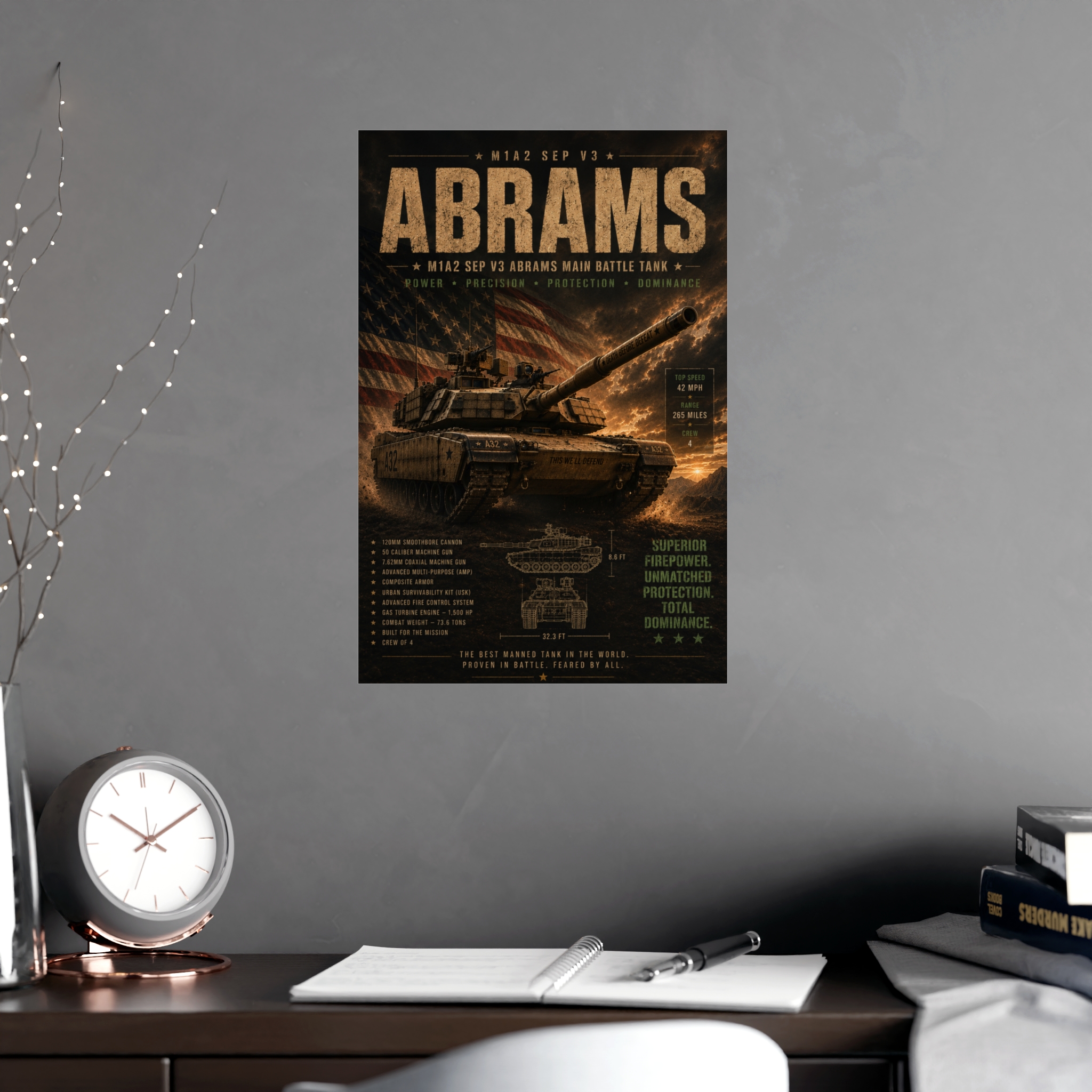 M1A2 Abrams Main Battle Tank Poster, US Army Military Vehicle Art Print, Patriotic Wall Decor, Veteran Gift Idea, Modern Warfare Tech Specs - Image 6