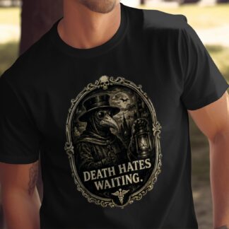 Plague Doctor Death Hates Waiting T-Shirt, Gothic Horror Tee, Dark Academia Apparel, Spooky Halloween Shirt