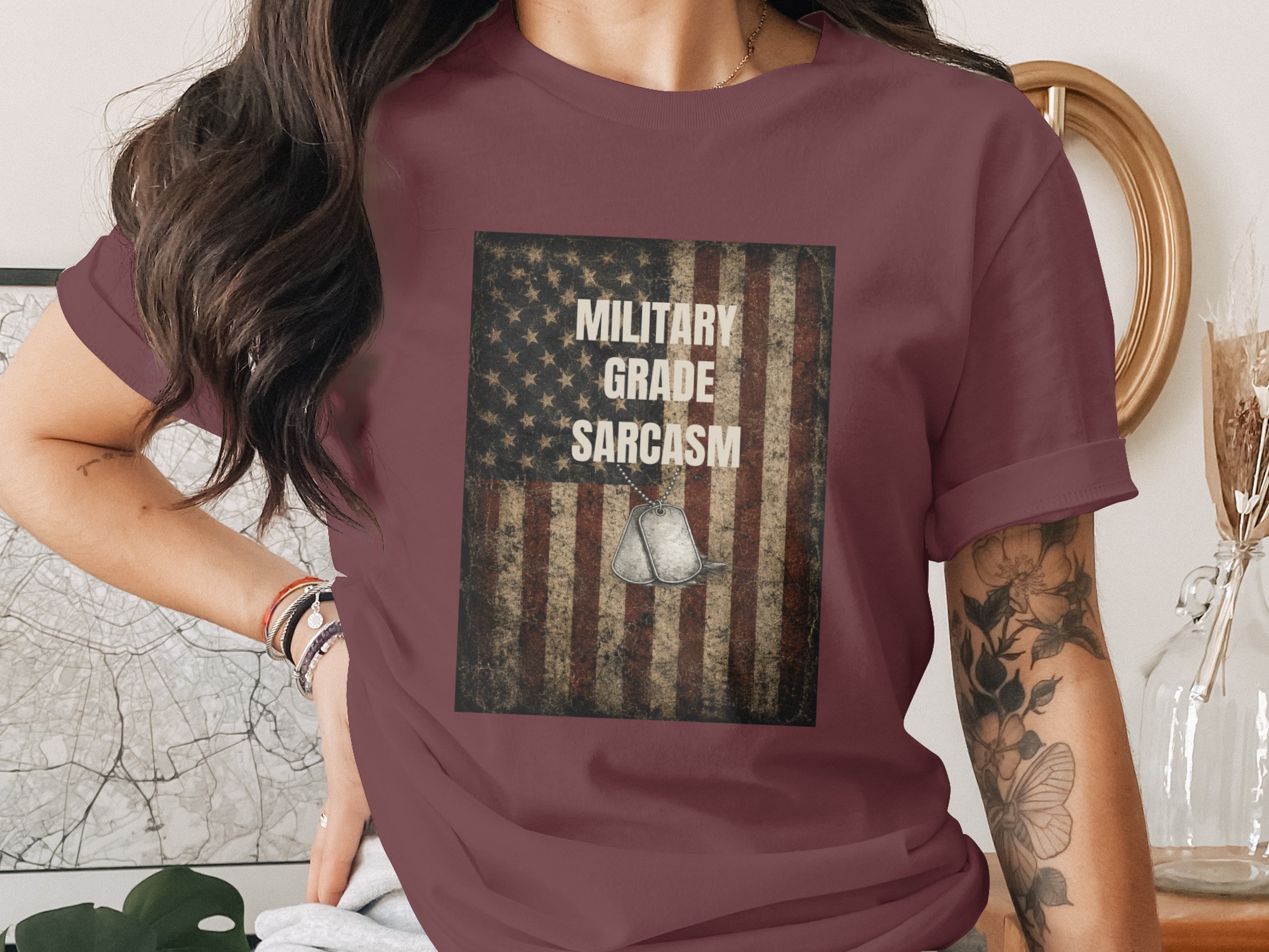 Military Grade Sarcasm T-Shirt, Distressed American Flag Veteran Gift, Patriotic Funny Tee with Faux Dog Tags