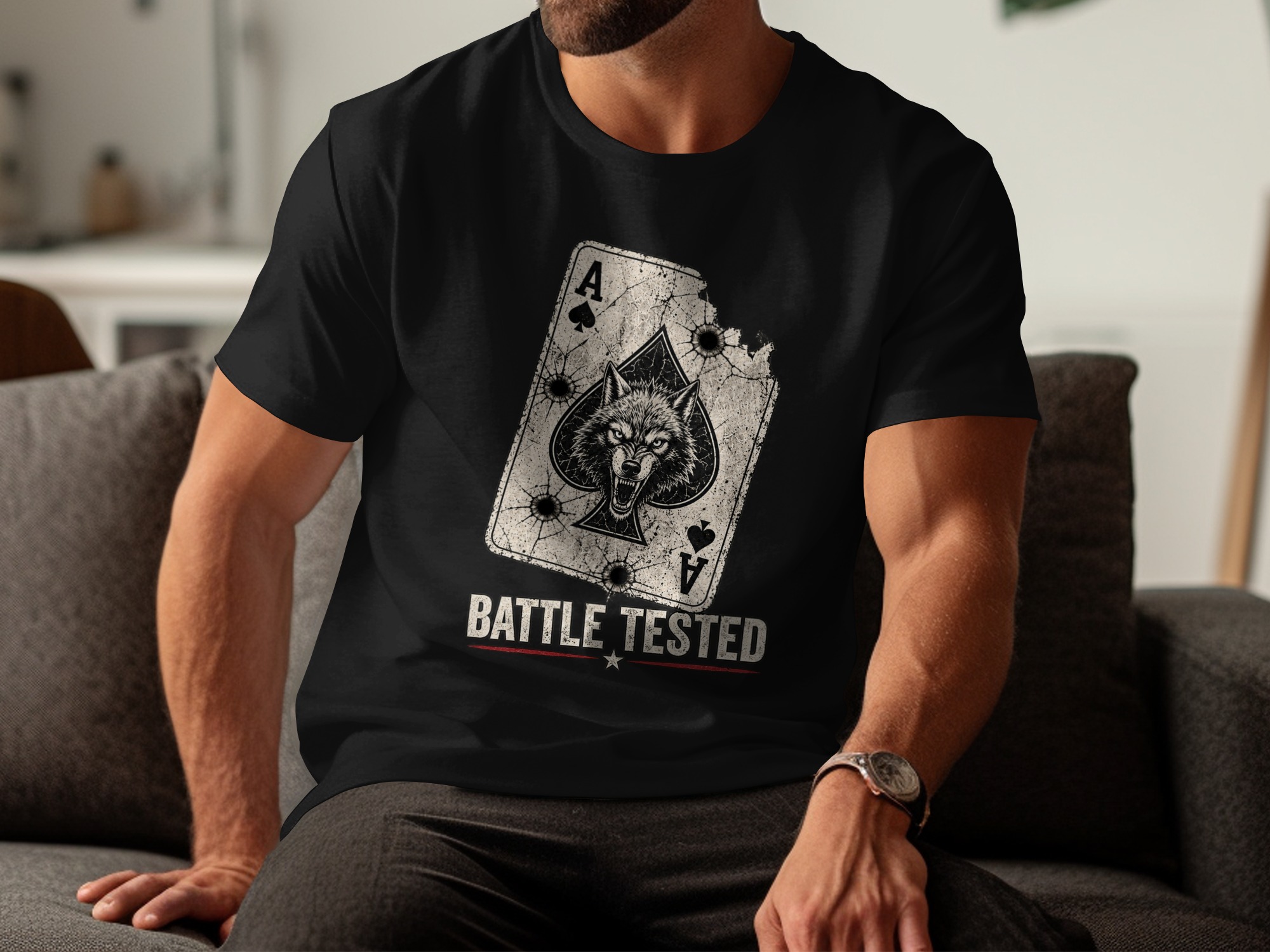 Battle Tested Wolf Ace of Spades T-Shirt, Distressed Grunge Tactical Biker Graphic Tee, Edgy Streetwear Gift For Him Poker Card - Image 6