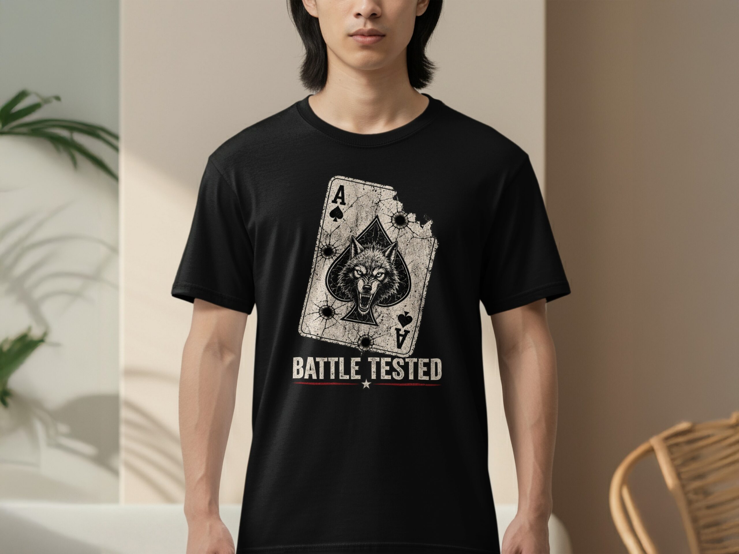 Battle Tested Wolf Ace of Spades T-Shirt, Distressed Grunge Tactical Biker Graphic Tee, Edgy Streetwear Gift For Him Poker Card - Image 10