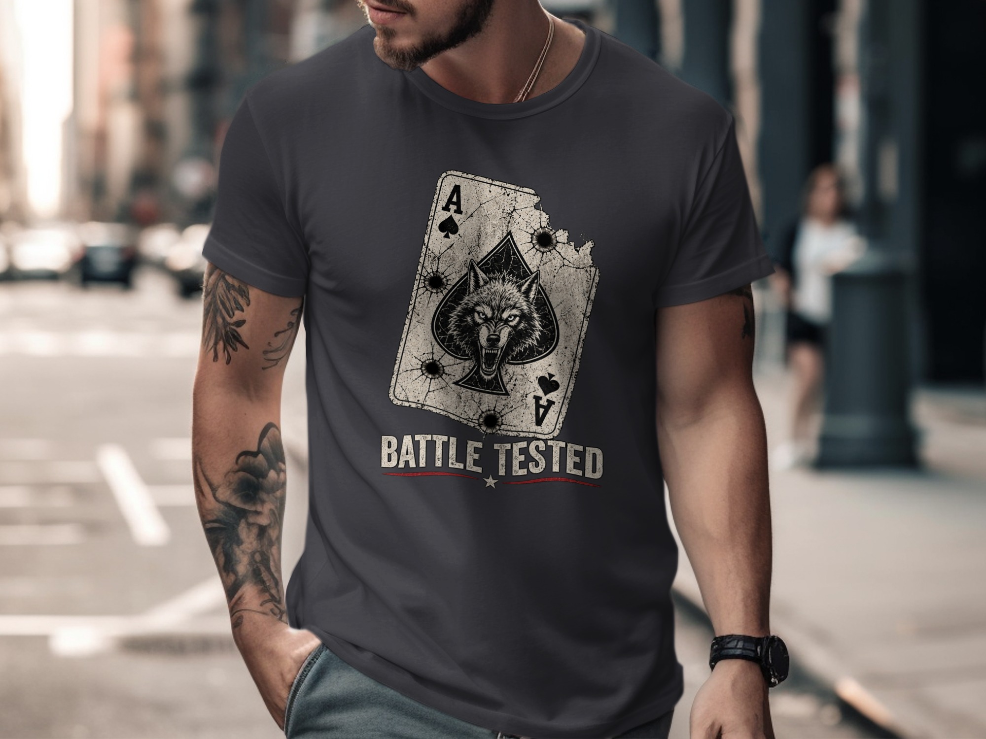 Battle Tested Wolf Ace of Spades T-Shirt, Distressed Grunge Tactical Biker Graphic Tee, Edgy Streetwear Gift For Him Poker Card - Image 15