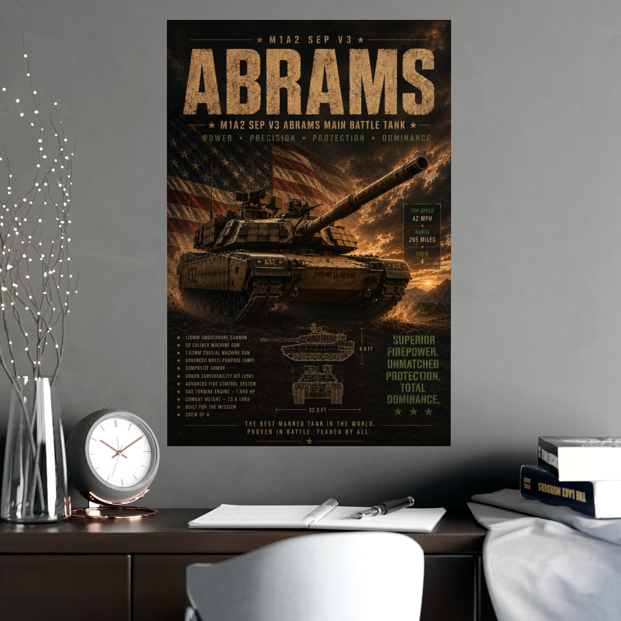 M1A2 Abrams Main Battle Tank Poster, US Army Military Vehicle Art Print, Patriotic Wall Decor, Veteran Gift Idea, Modern Warfare Tech Specs - Image 2