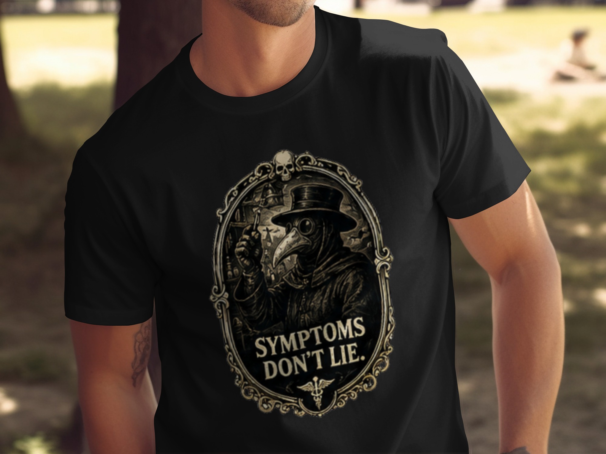 Plague Doctor Gothic T-Shirt | Dark Academia Medical History Tee | Vintage Macabre 'Symptoms Don't Lie' Graphic Shirt