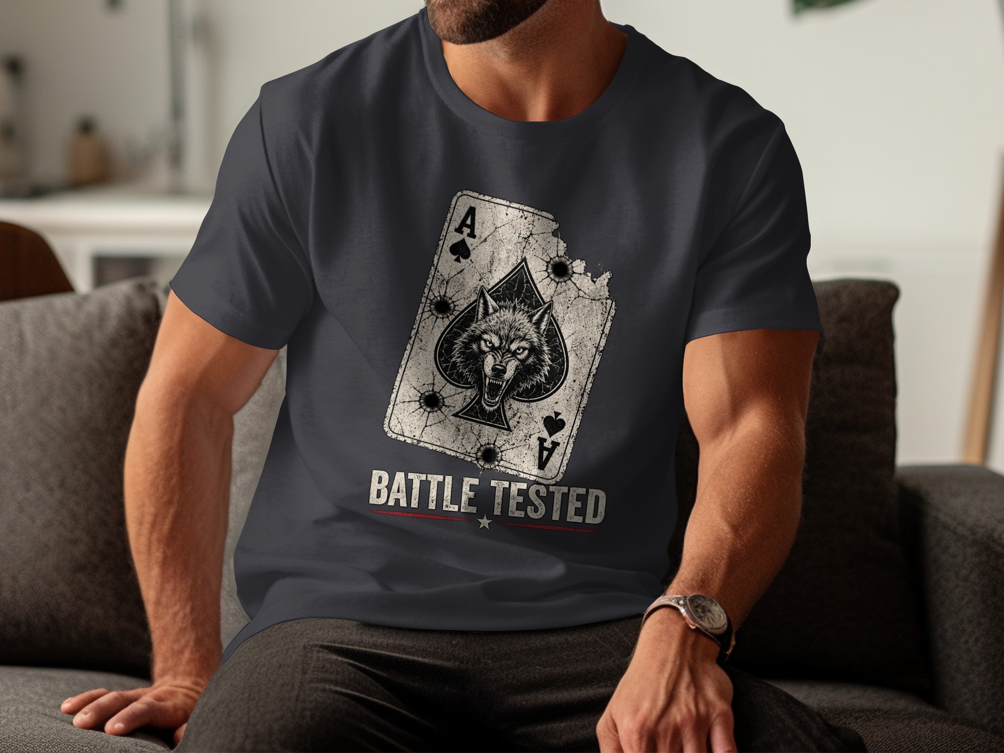 Battle Tested Wolf Ace of Spades T-Shirt, Distressed Grunge Tactical Biker Graphic Tee, Edgy Streetwear Gift For Him Poker Card - Image 16