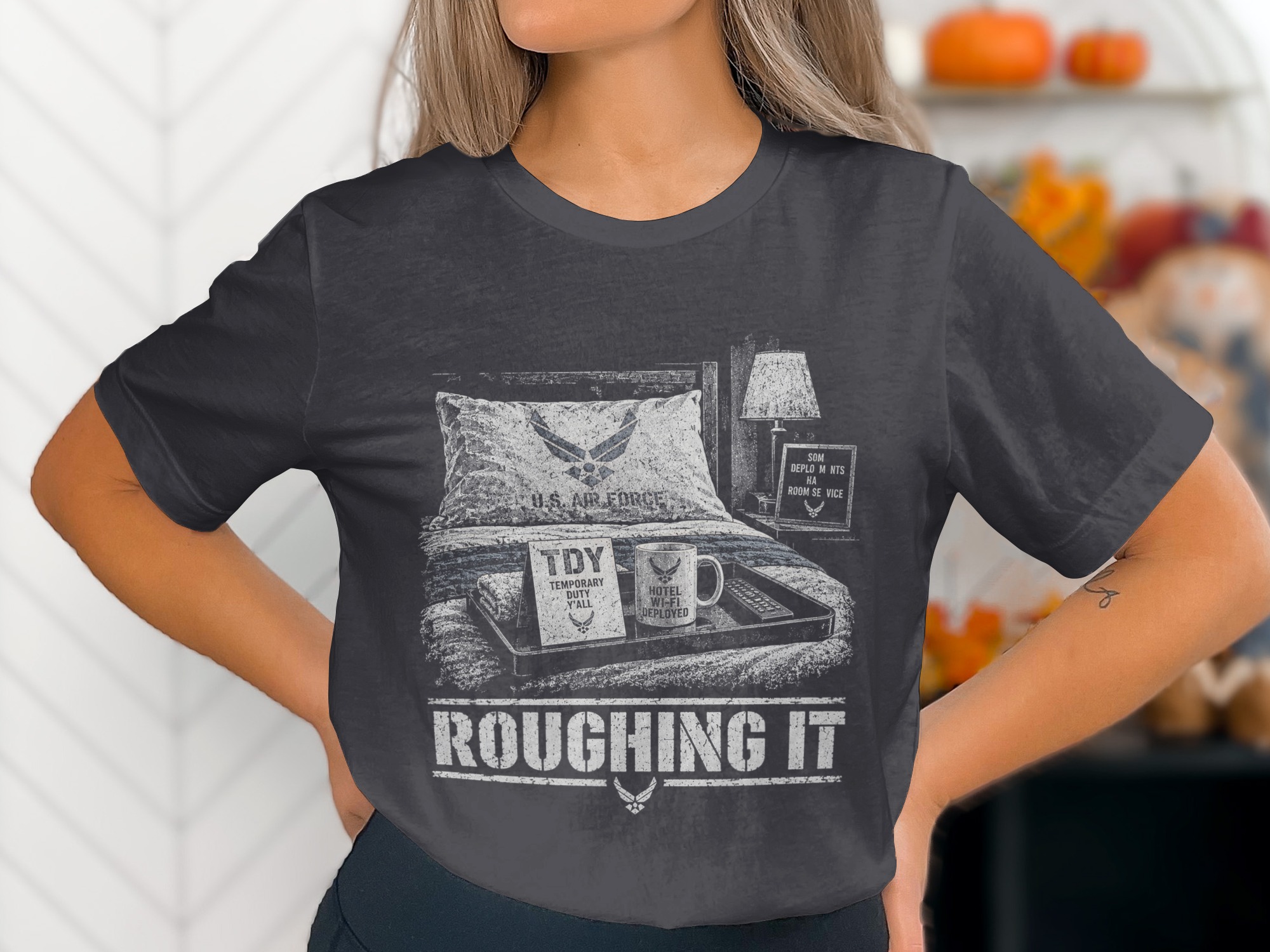 Funny Air Force T-Shirt, Military Humor Roughing It TDY Joke Graphic Tee, Sarcastic Airman Veteran Gift, Aviation Chair Force Shirt - Image 11