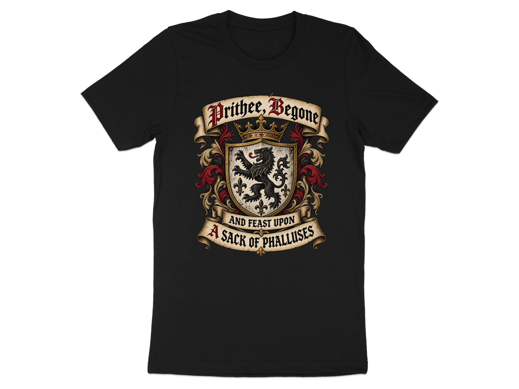 Prithee Begone Shirt Medieval Heraldry Graphic Tee Funny Renaissance Faire Shirt Sarcastic Humor Coat of Arms T-Shirt Gag Gift For Friend