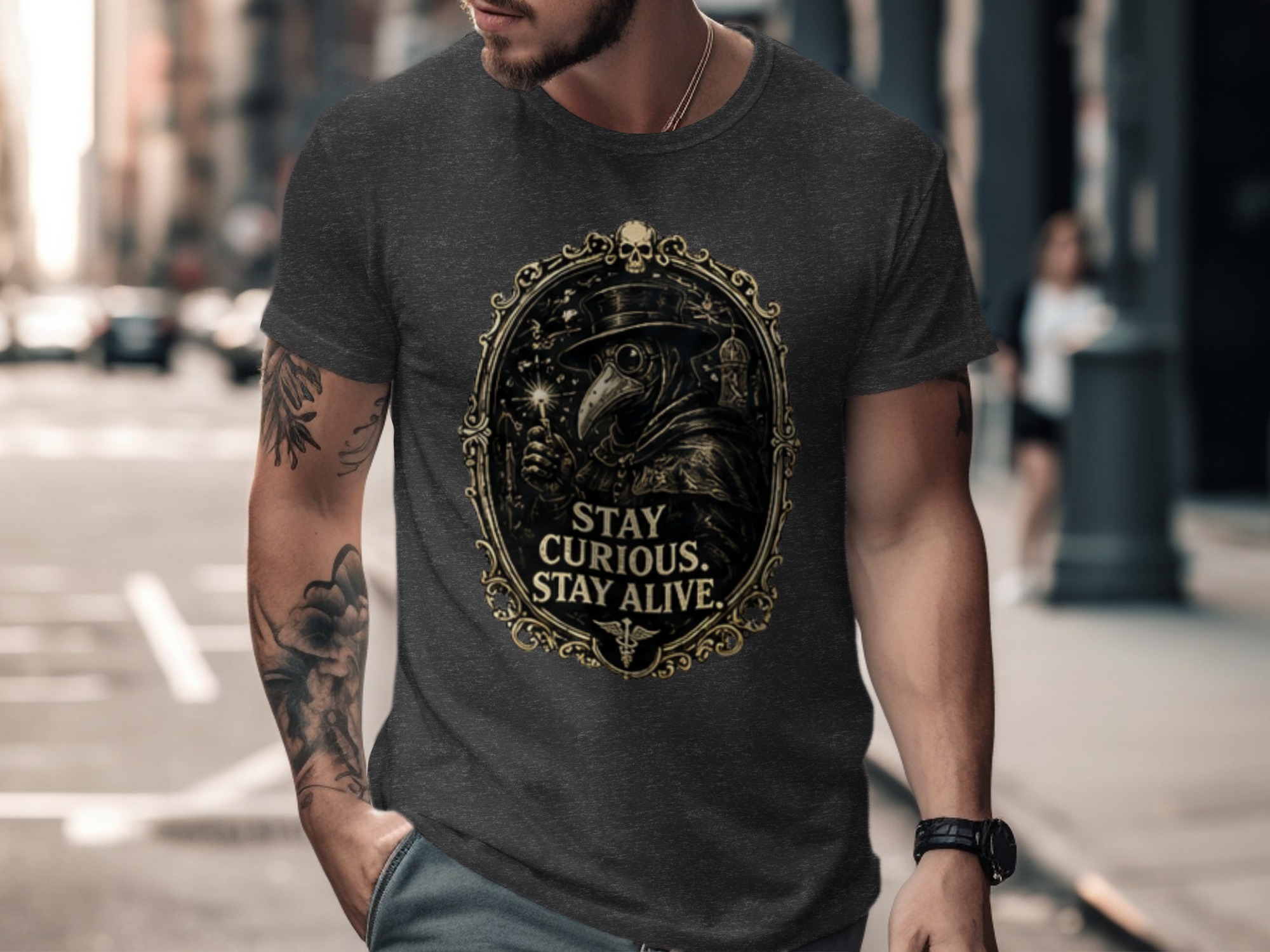 Plague Doctor 'Stay Curious' Gothic Renaissance T-Shirt, Dark Academia Aesthetic Medical Tee Gift - Image 2