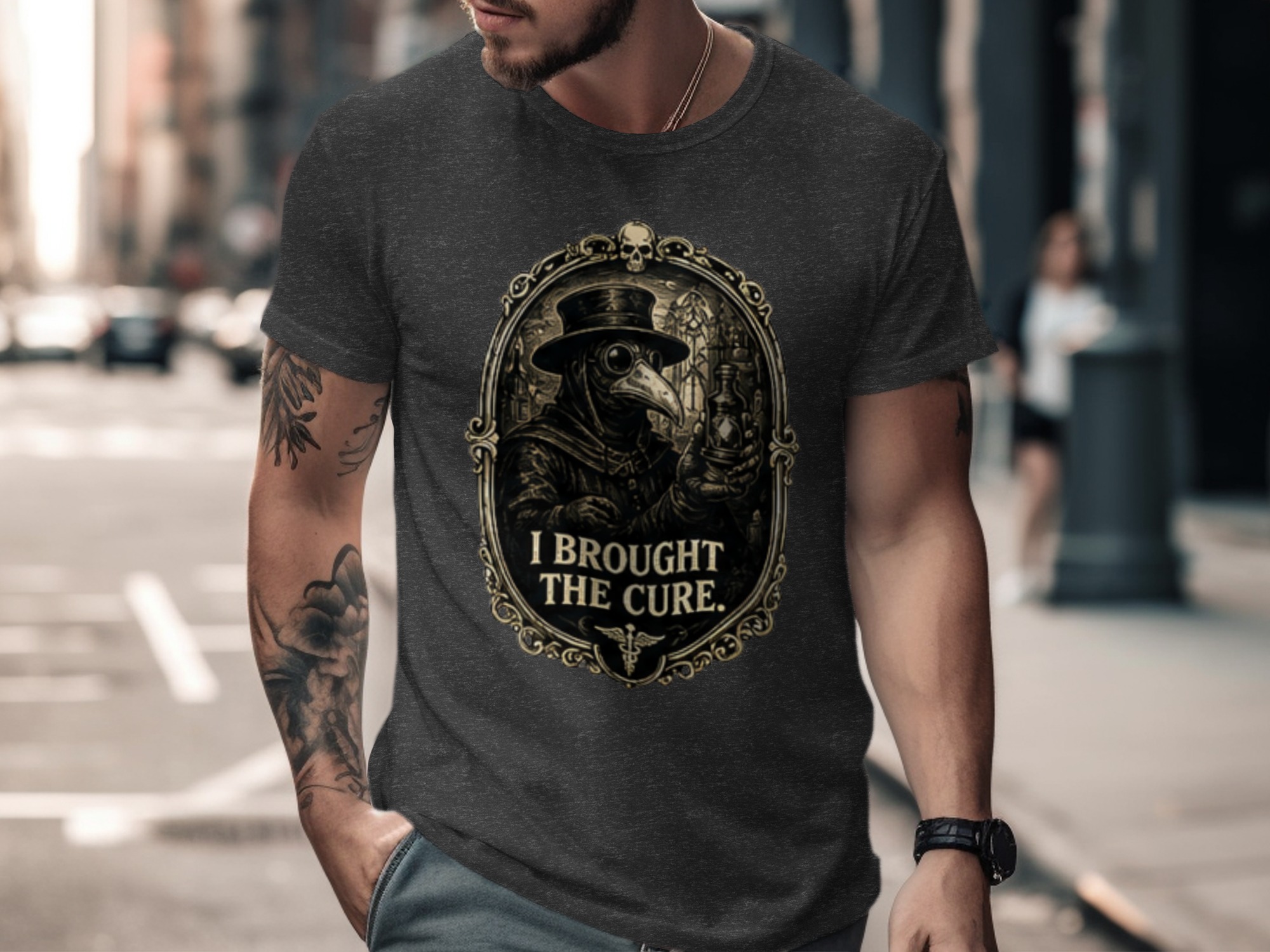 Plague Doctor 'I Brought The Cure' T-Shirt | Gothic Dark Academia Vintage Medical History Tee | Steampunk Renaissance Macabre Art Shirt Gift - Image 2