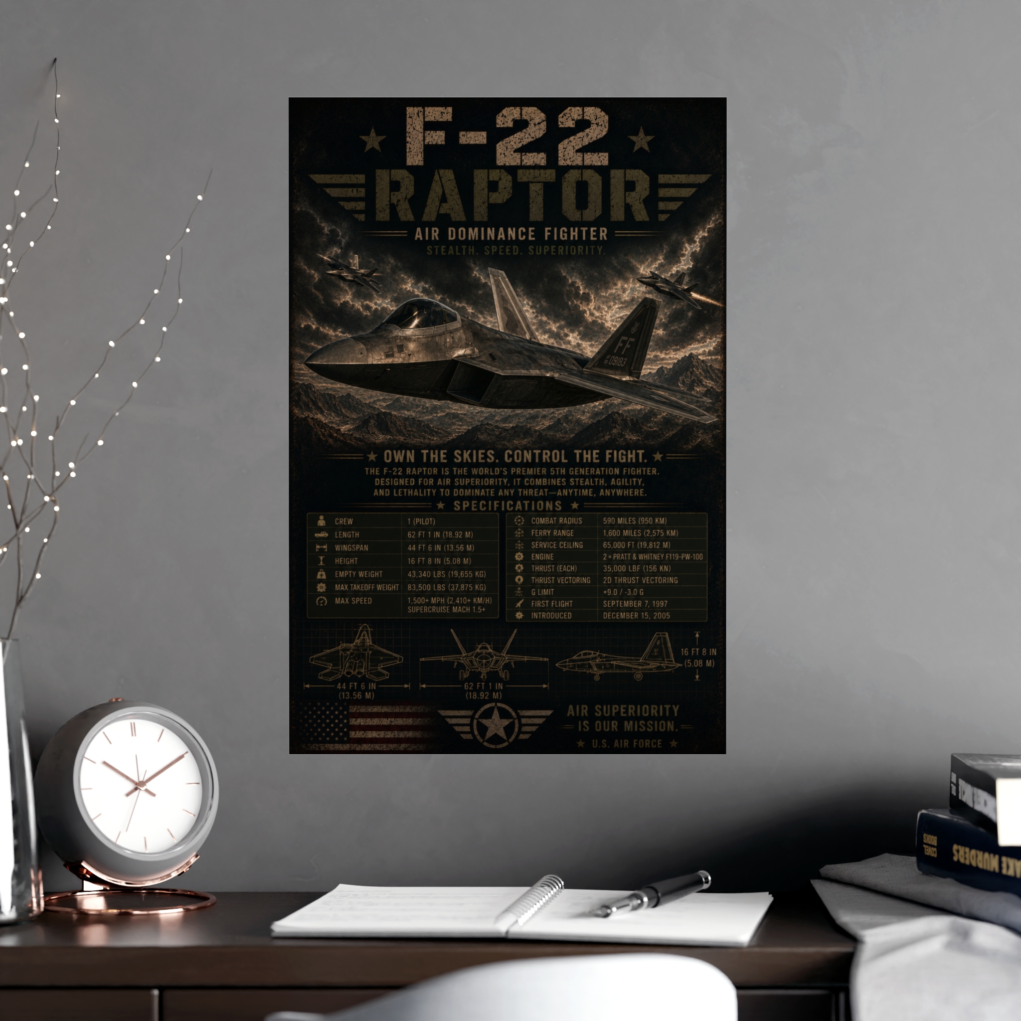 F-22 Raptor Fighter Jet Poster, US Air Force Military Aviation Print, Stealth Aircraft Specifications Wall Art, Pilot Gift - Image 4