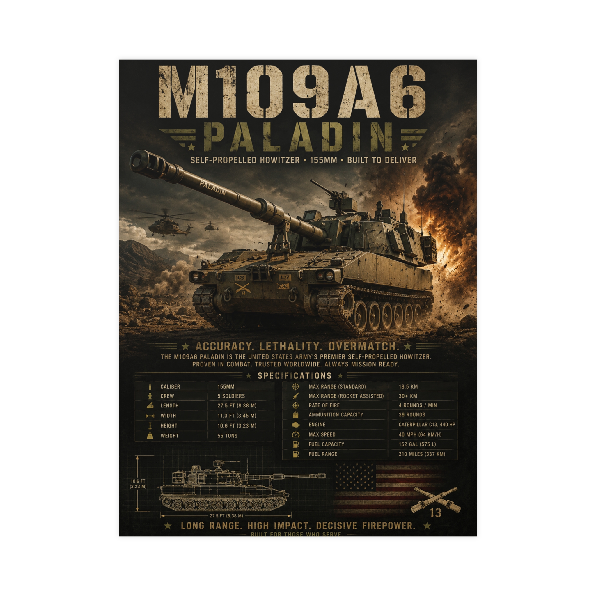 M109A6 Paladin Self-Propelled Howitzer Military Vehicle Poster | US Army Tank Artillery Print | Man Cave War Room Decor Gift