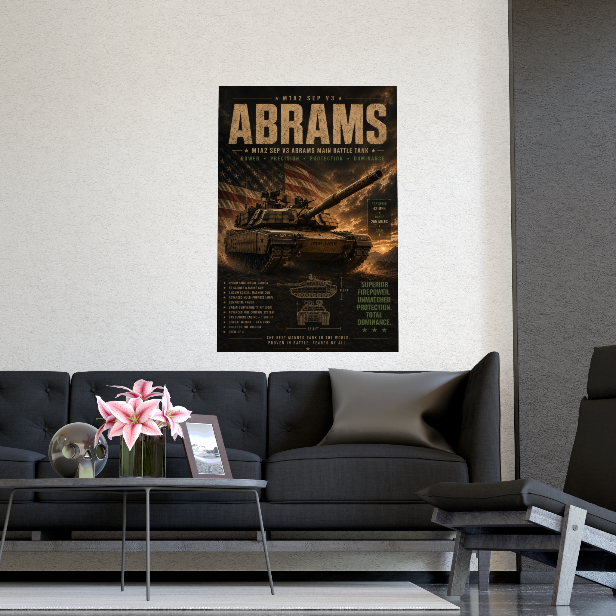 M1A2 Abrams Main Battle Tank Poster, US Army Military Vehicle Art Print, Patriotic Wall Decor, Veteran Gift Idea, Modern Warfare Tech Specs - Image 3