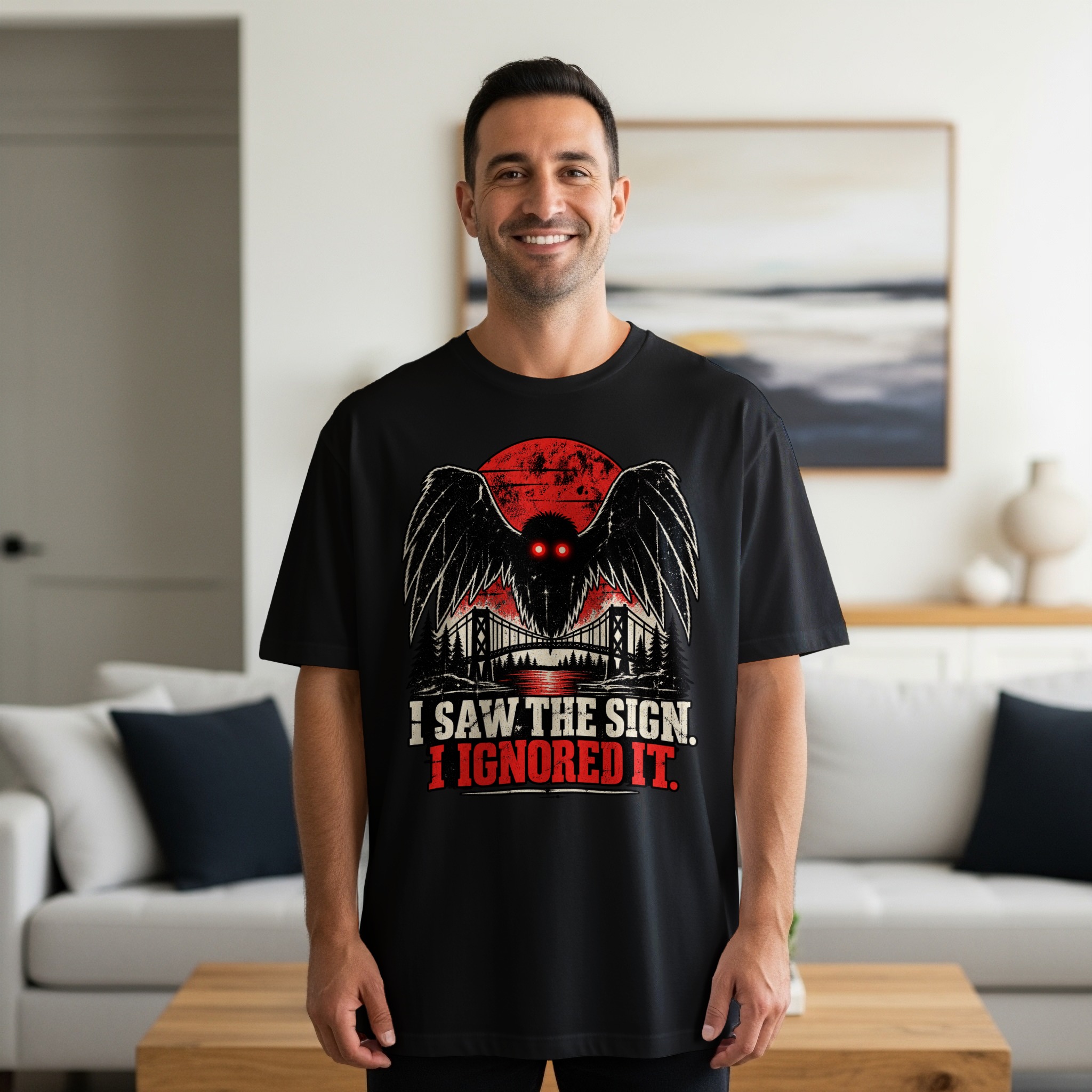 Mothman T-Shirt Funny Cryptid Graphic Tee, Retro Vintage Horror Shirt, I Saw The Sign Paranormal Dark Humor Streetwear Gift - Image 11
