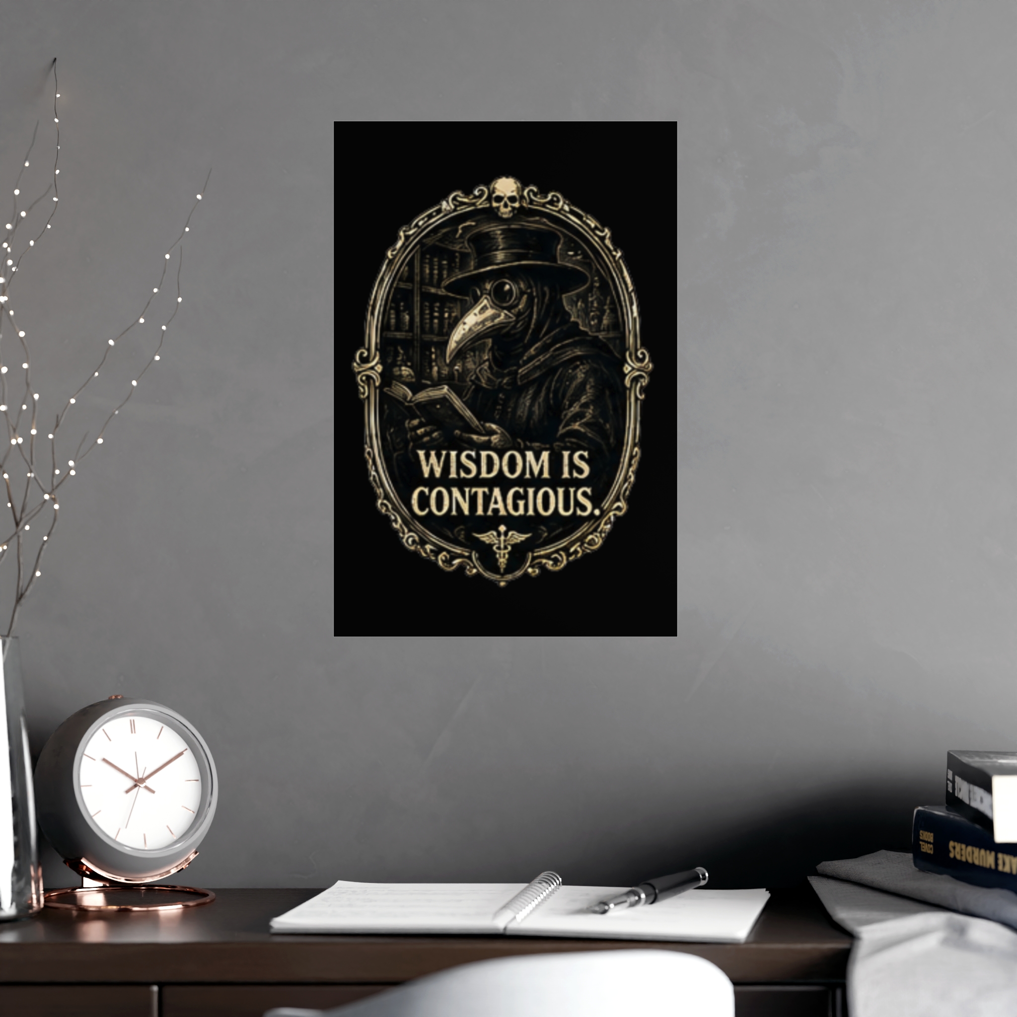 Dark Academia Plague Doctor Reading Poster, 'Wisdom is Contagious' Gothic Art Print, Vintage Macabre Book Lover Gift