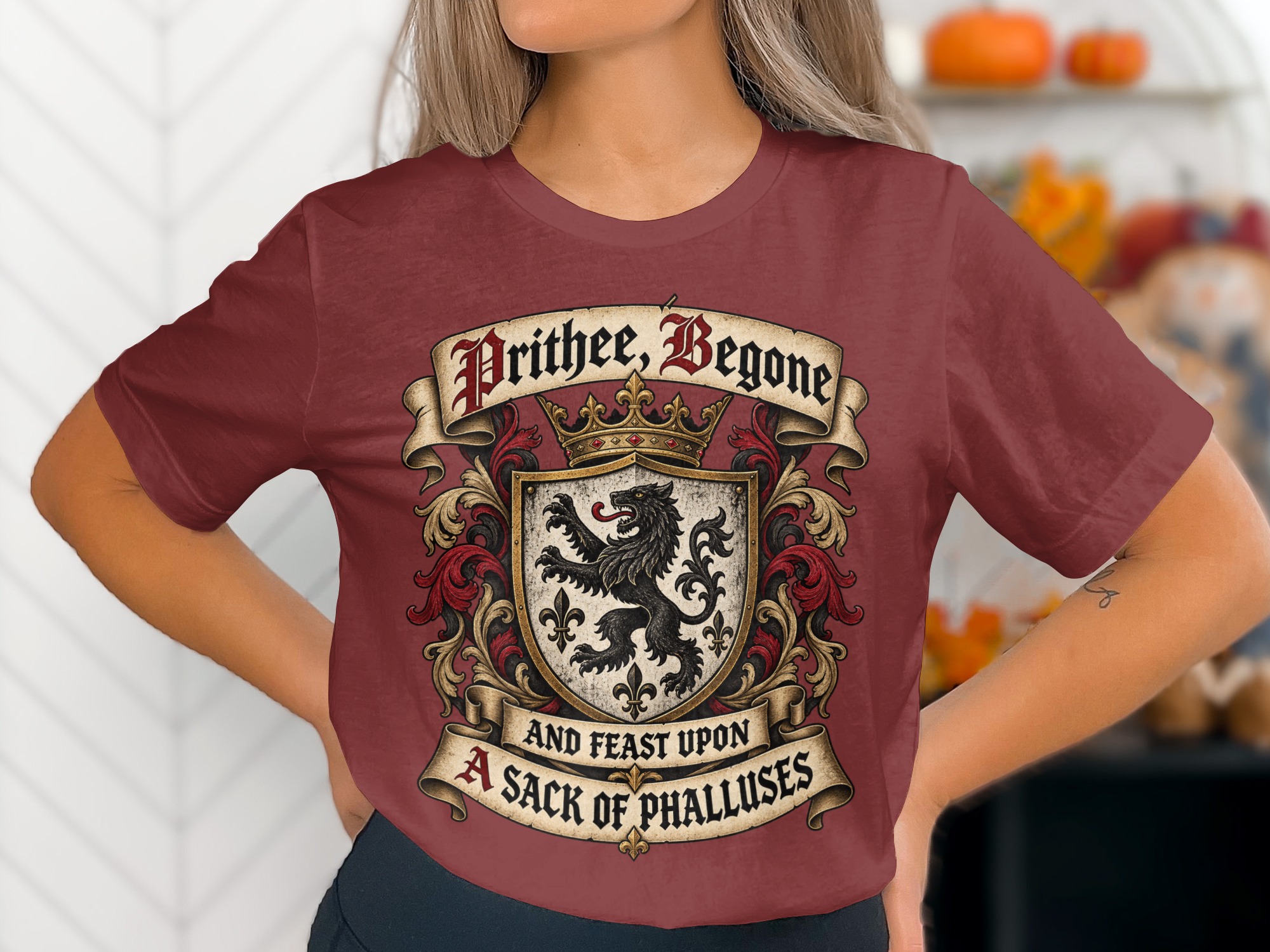 Prithee Begone Shirt Medieval Heraldry Graphic Tee Funny Renaissance Faire Shirt Sarcastic Humor Coat of Arms T-Shirt Gag Gift For Friend - Image 6