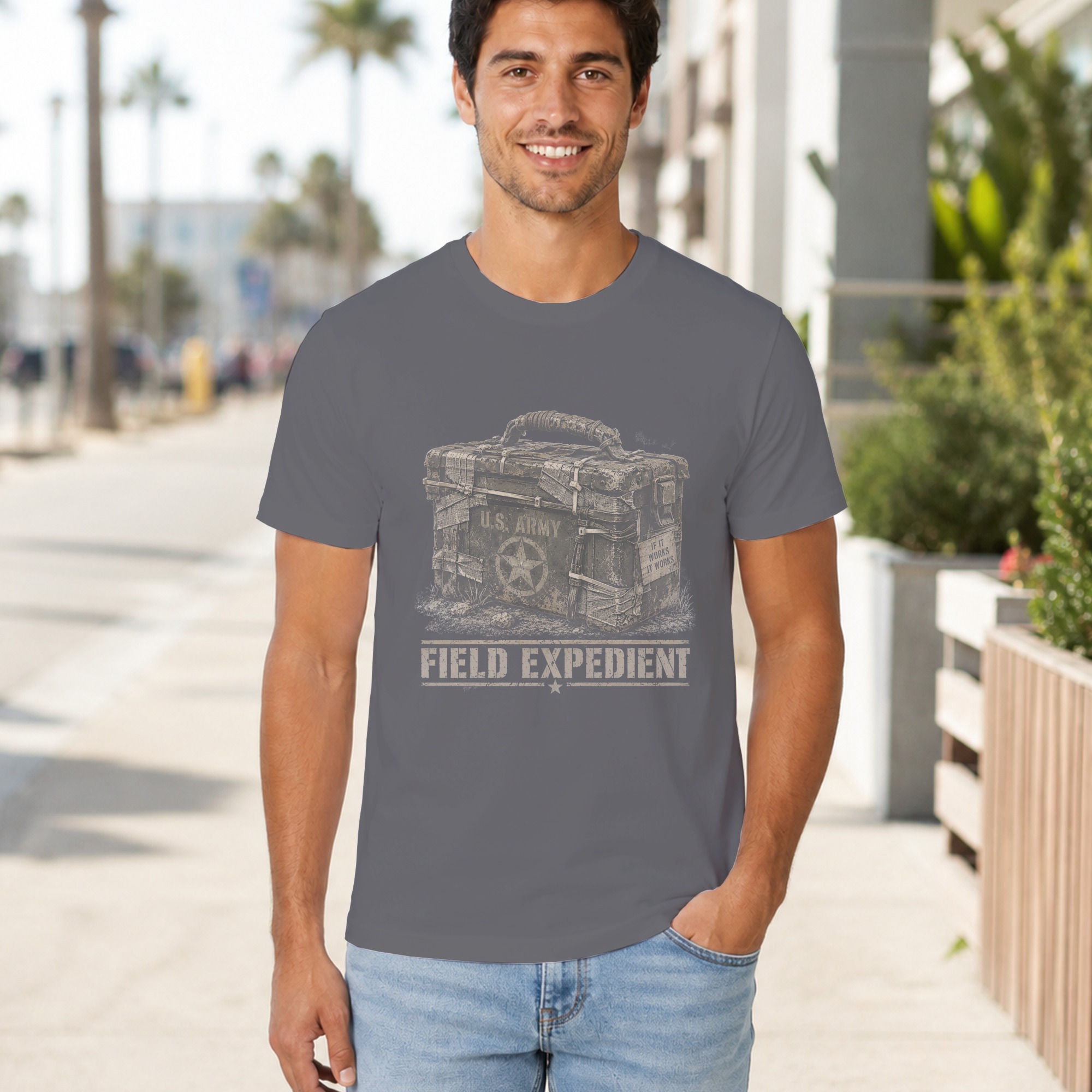 Field Expedient T-Shirt, Funny Military Ammo Box Graphic Tee, Army Veteran Humor Shirt, Vintage Tactical Mechanic Gift for Him, Grunt Tee - Image 8