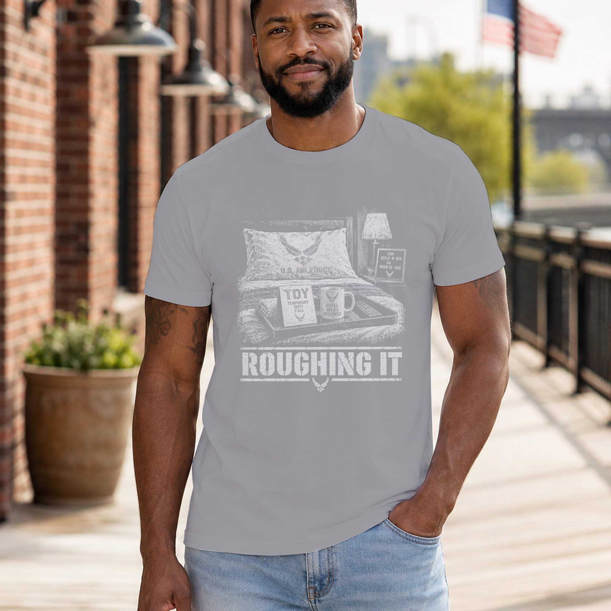 Funny Air Force T-Shirt, Military Humor Roughing It TDY Joke Graphic Tee, Sarcastic Airman Veteran Gift, Aviation Chair Force Shirt - Image 7