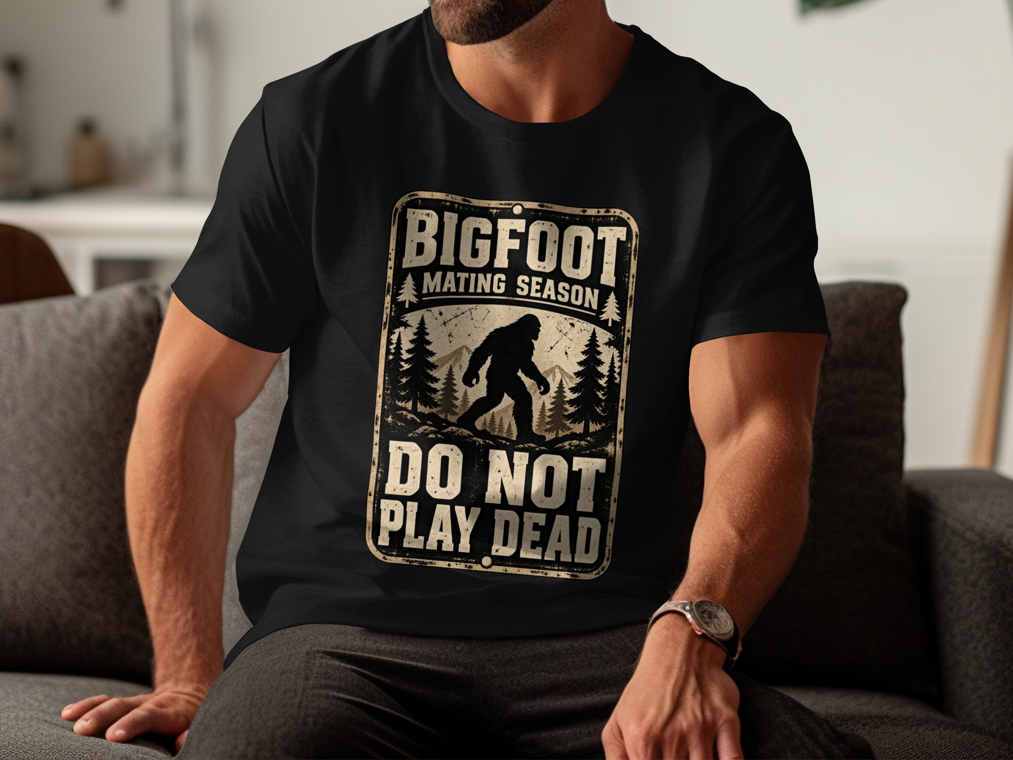 Bigfoot Mating Season T-Shirt, Funny Sasquatch Graphic Tee, Do Not Play Dead Vintage Camping Shirt, Retro Cryptid Outdoor Hiking Gift - Image 6