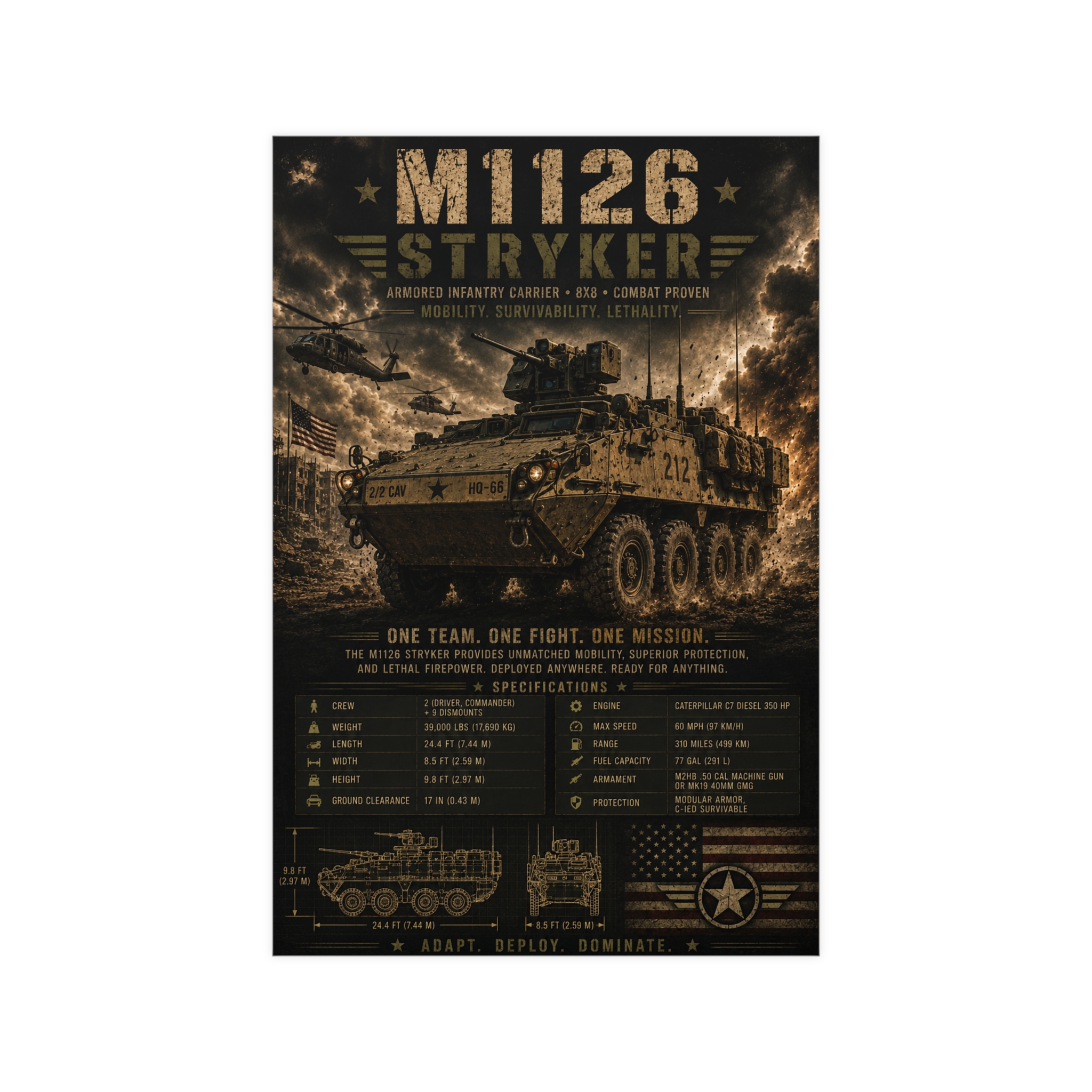 M1126 Stryker Armored Vehicle Poster, Military Wall Art Print, Combat Proven Tank Specifications, Patriotic US Army Gift for Him