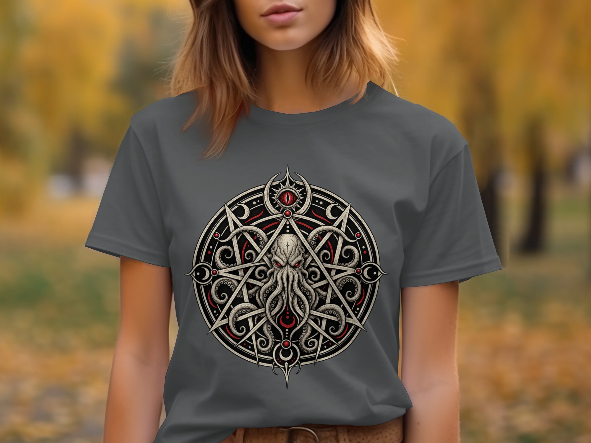 Lovecraftian Cthulhu Pentagram T-Shirt, Eldritch Horror Eye Gothic Occult Graphic Tee for Dark Academia Fans & Fantasy Fan Gift - Image 12