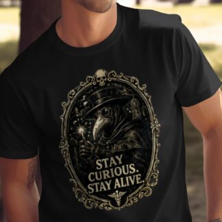 Plague Doctor 'Stay Curious' Gothic Renaissance T-Shirt, Dark Academia Aesthetic Medical Tee Gift