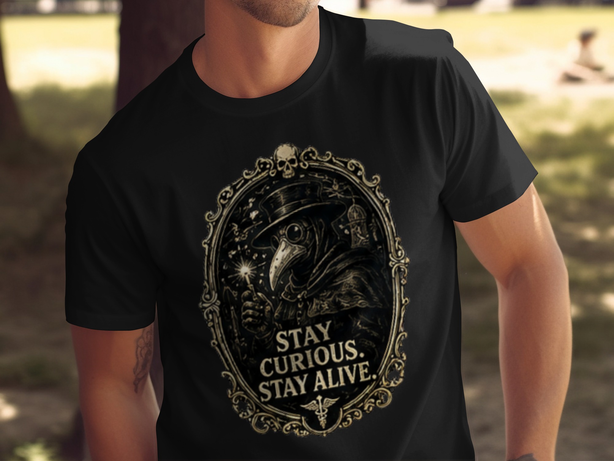 Plague Doctor 'Stay Curious' Gothic Renaissance T-Shirt, Dark Academia Aesthetic Medical Tee Gift