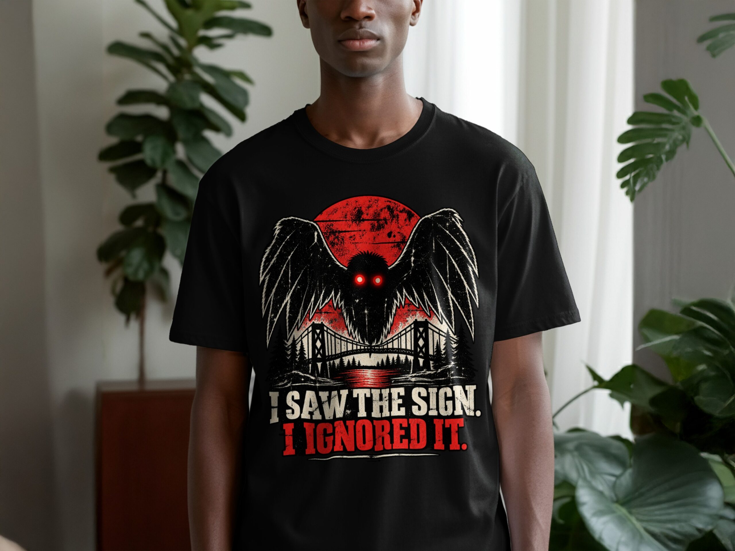 Mothman T-Shirt Funny Cryptid Graphic Tee, Retro Vintage Horror Shirt, I Saw The Sign Paranormal Dark Humor Streetwear Gift - Image 9