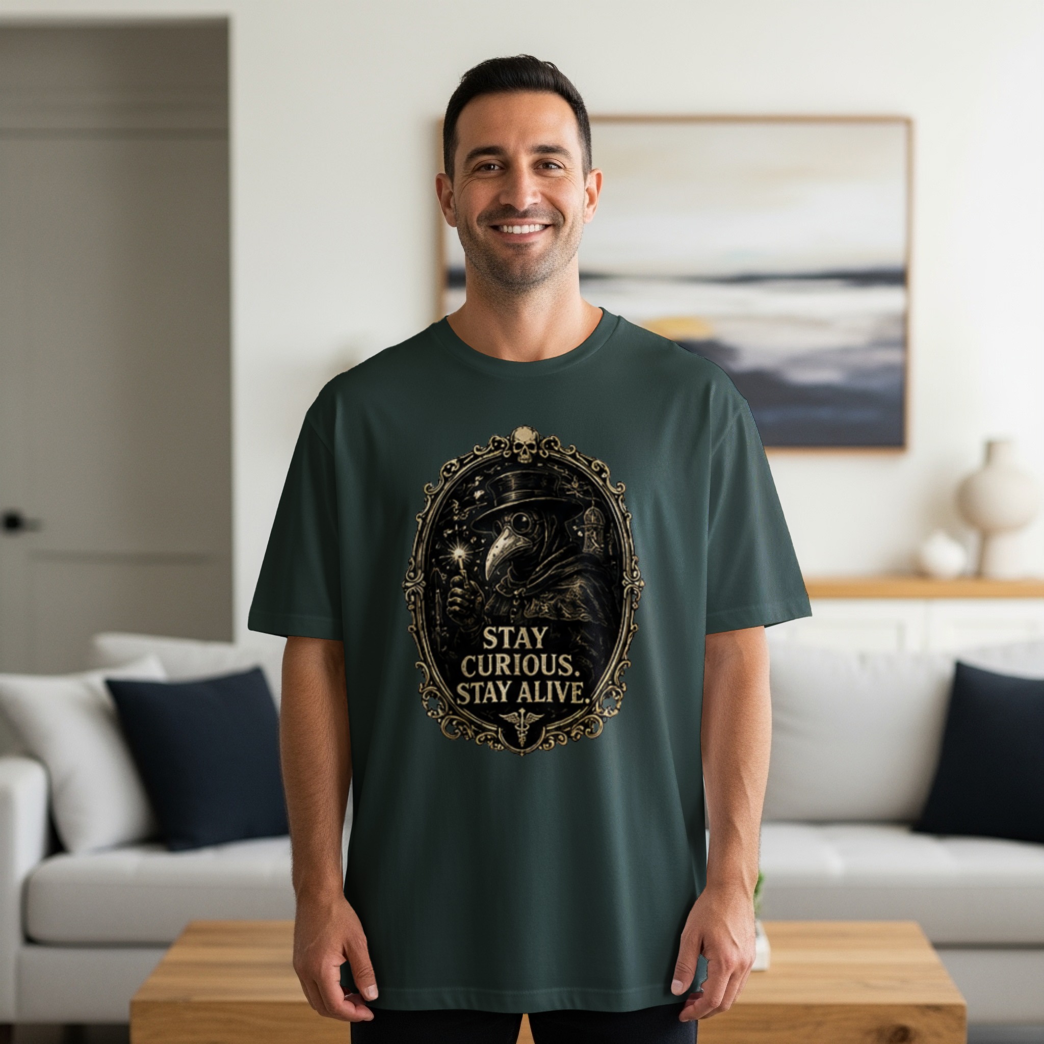 Plague Doctor 'Stay Curious' Gothic Renaissance T-Shirt, Dark Academia Aesthetic Medical Tee Gift - Image 12