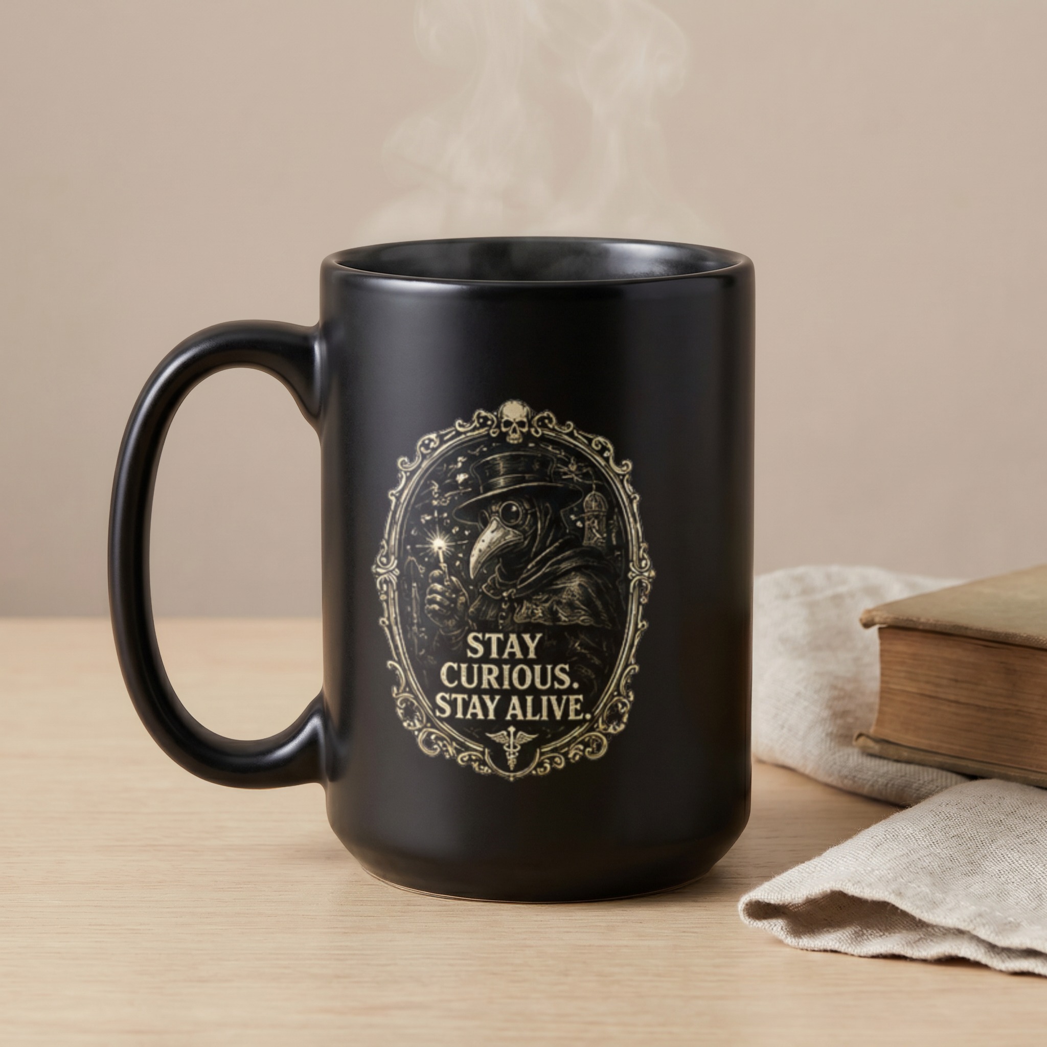 Plague Doctor Stay Curious Stay Alive Mug, Dark Academia Gothic Coffee Cup, Unique Witchy Gift for Him Her - Image 5