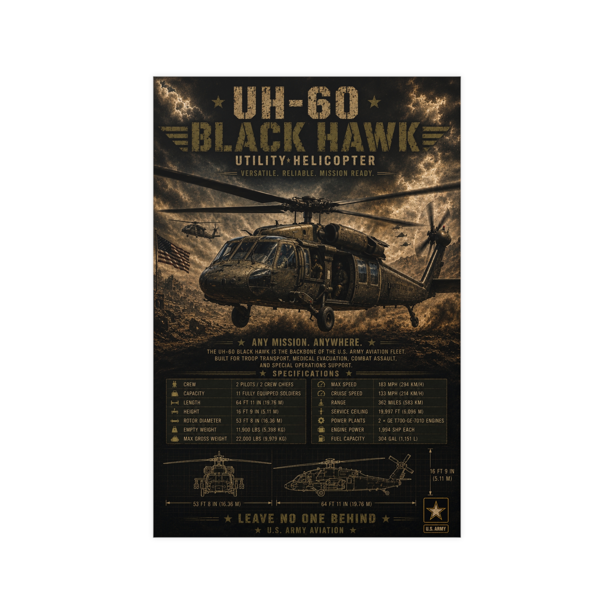 UH-60 Black Hawk Helicopter Poster | Military Aviation Art Print | Army Specifications Wall Decor | Tactical Gift For Him