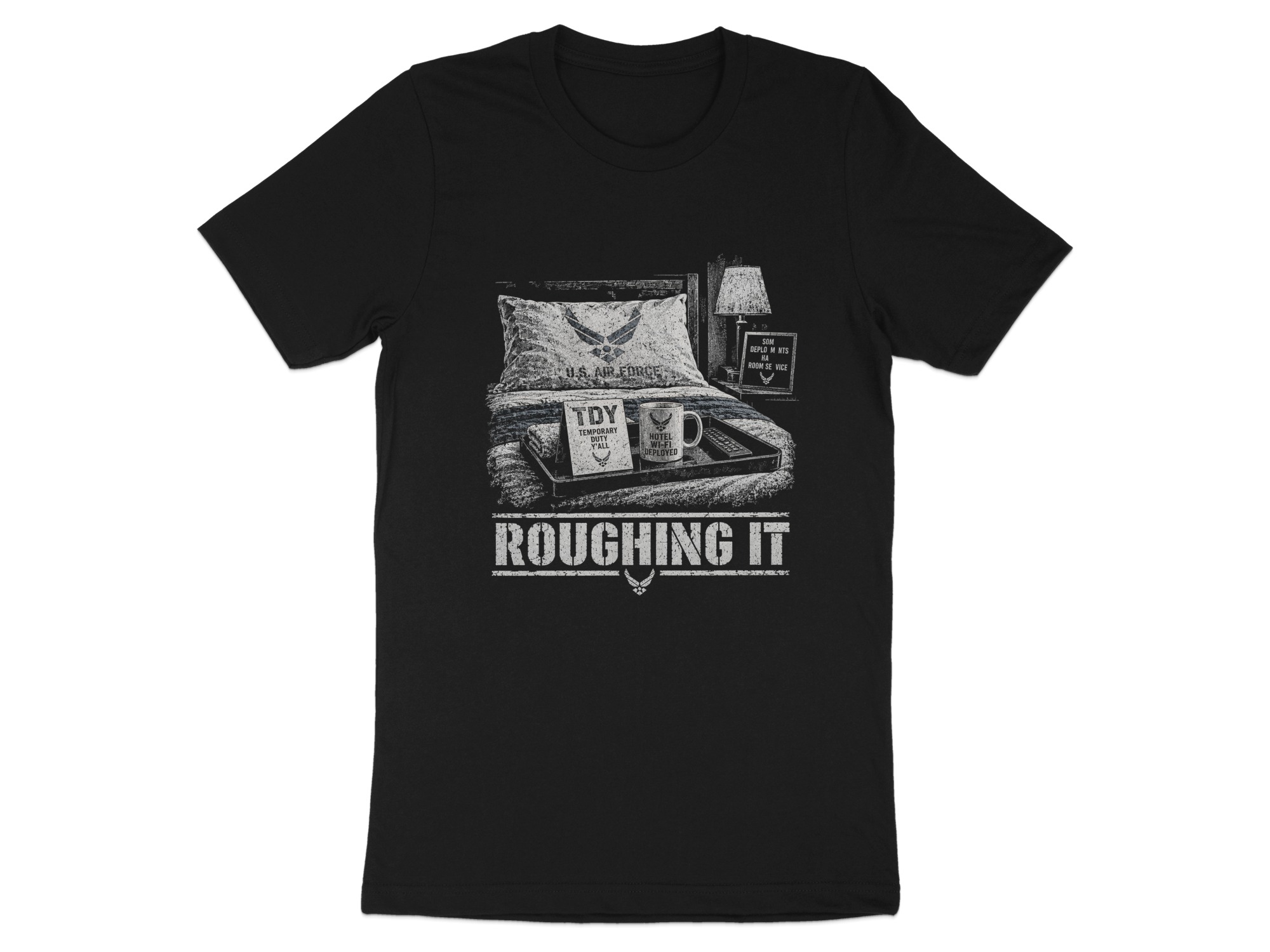 Funny Air Force T-Shirt, Military Humor Roughing It TDY Joke Graphic Tee, Sarcastic Airman Veteran Gift, Aviation Chair Force Shirt - Image 9