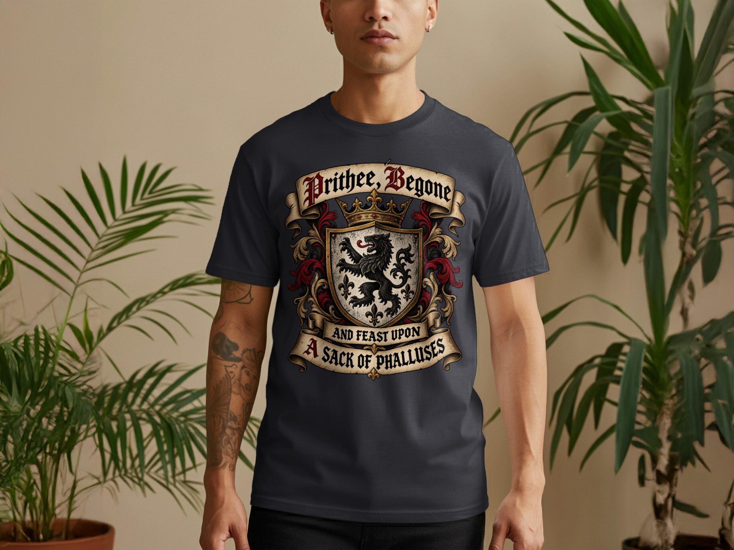 Prithee Begone Shirt Medieval Heraldry Graphic Tee Funny Renaissance Faire Shirt Sarcastic Humor Coat of Arms T-Shirt Gag Gift For Friend - Image 7