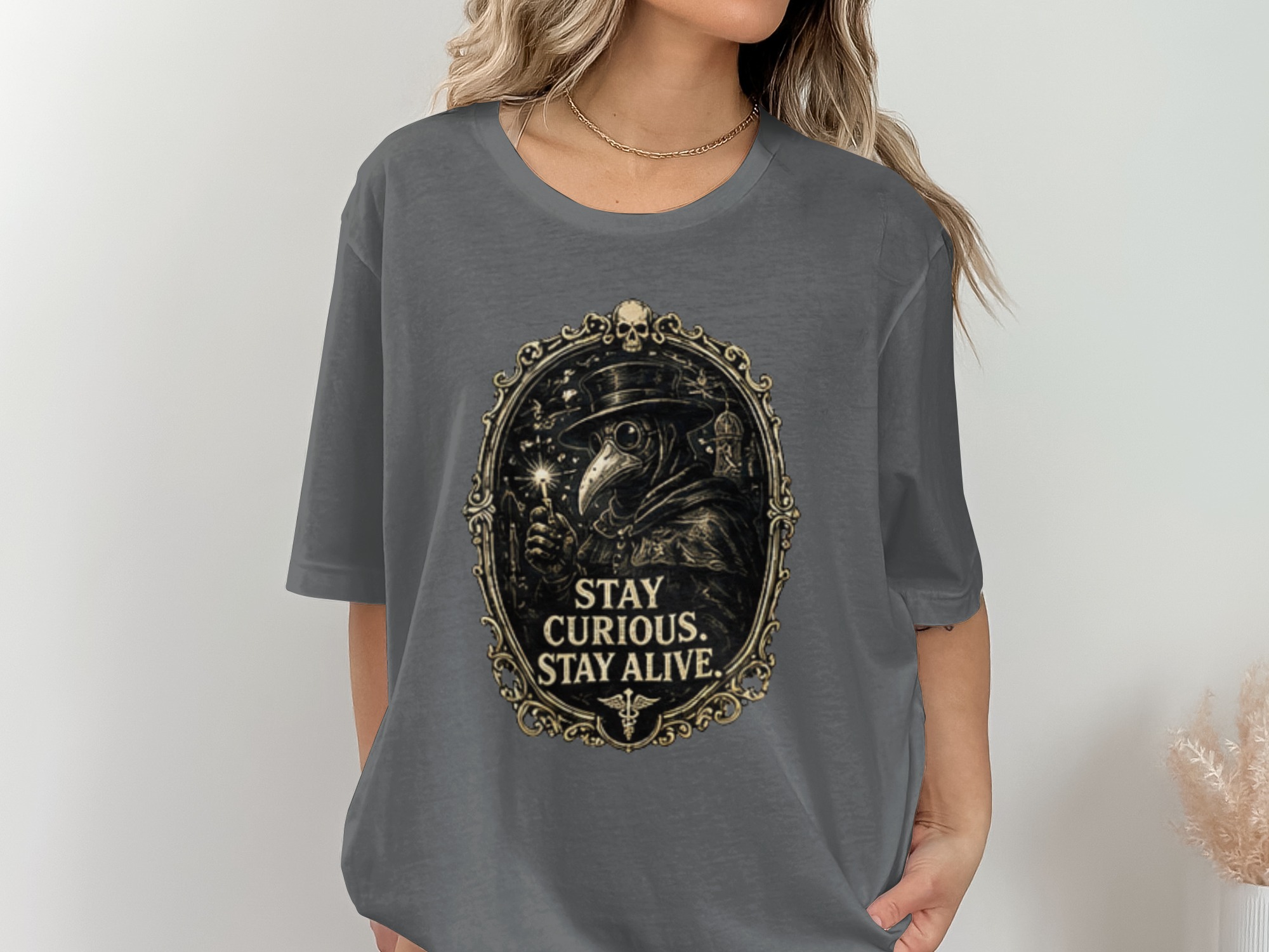 Plague Doctor 'Stay Curious' Gothic Renaissance T-Shirt, Dark Academia Aesthetic Medical Tee Gift - Image 7