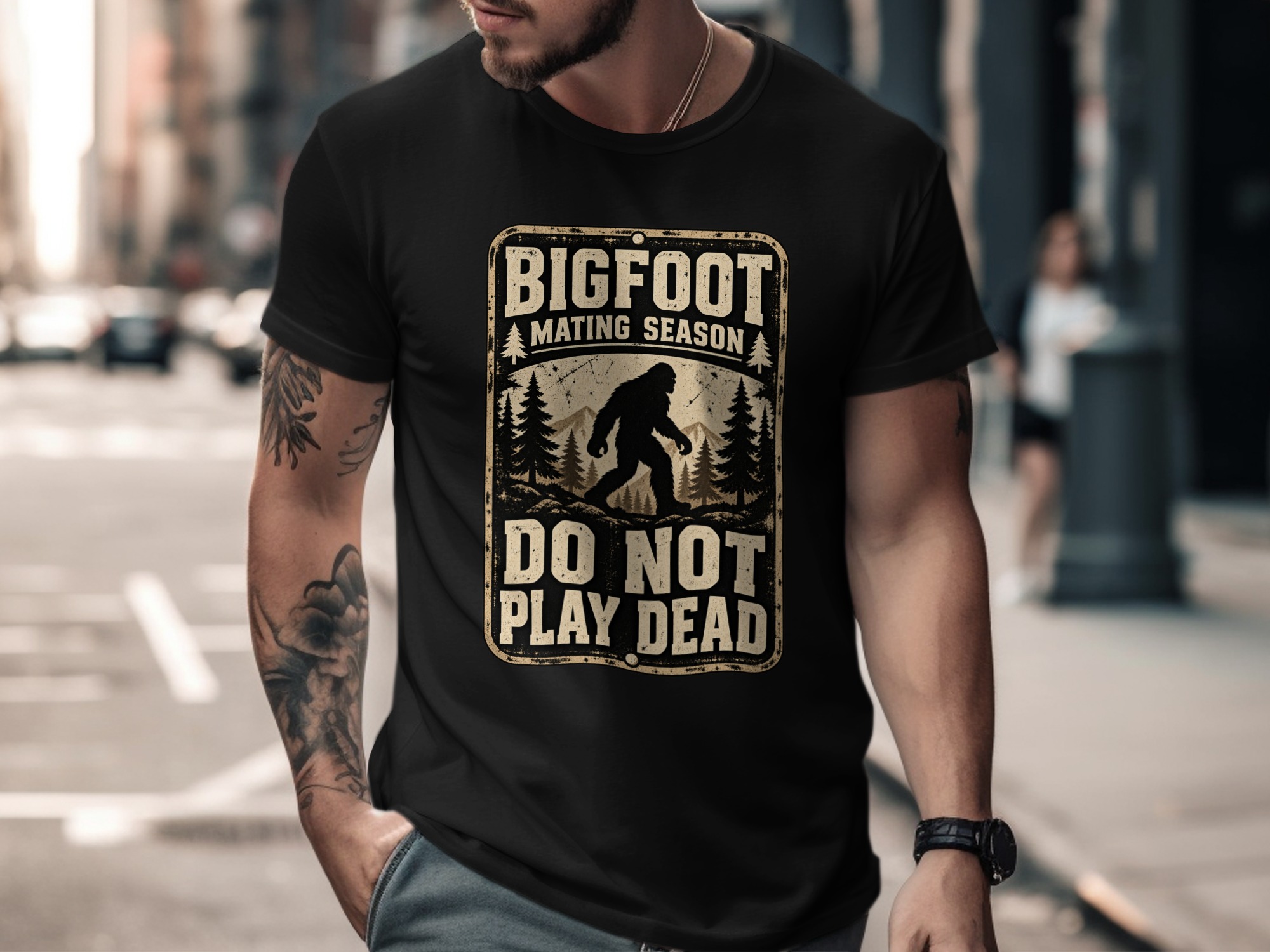 Bigfoot Mating Season T-Shirt, Funny Sasquatch Graphic Tee, Do Not Play Dead Vintage Camping Shirt, Retro Cryptid Outdoor Hiking Gift - Image 4