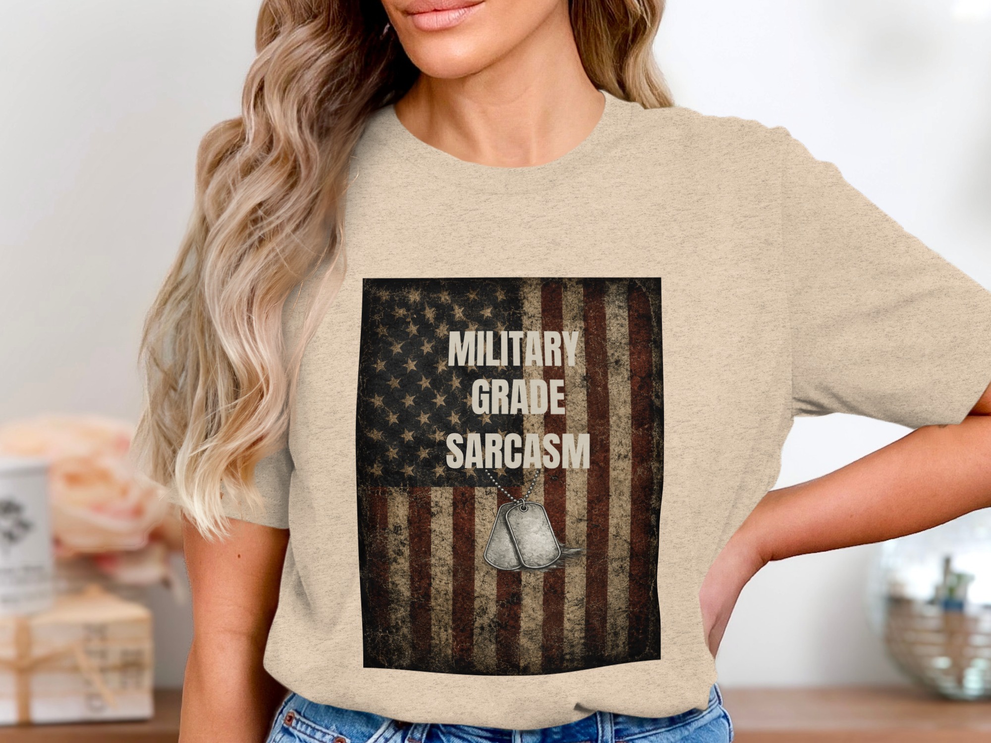 Military Grade Sarcasm T-Shirt, Distressed American Flag Veteran Gift, Patriotic Funny Tee with Faux Dog Tags - Image 2