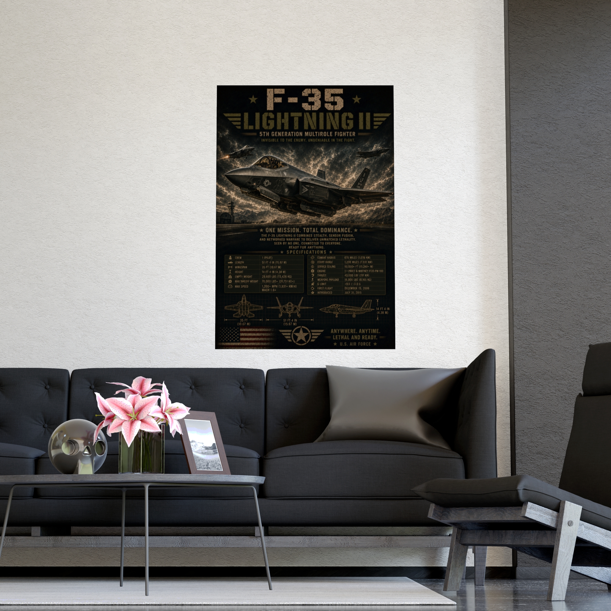 F-35 Lightning II Fighter Jet Poster, US Air Force Military Aircraft Specifications Print, Man Cave Wall Art Decor, Pilot Gift Idea - Image 3