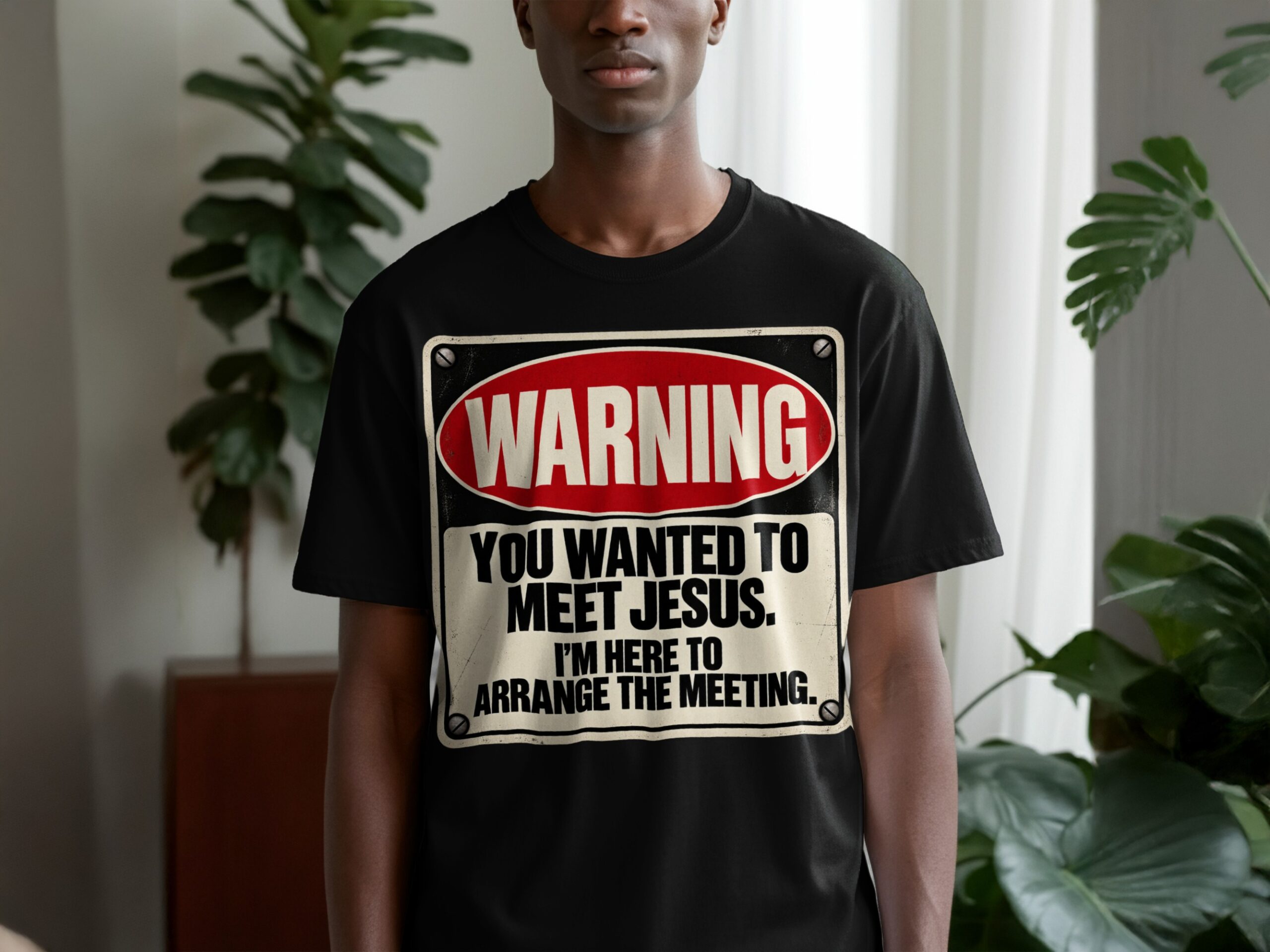 Meet Jesus Sarcastic T-Shirt, Warning Sign Graphic Tee, Funny Dark Humor Shirt for Men, Retro Novelty Streetwear Vintage Quote Top - Image 9