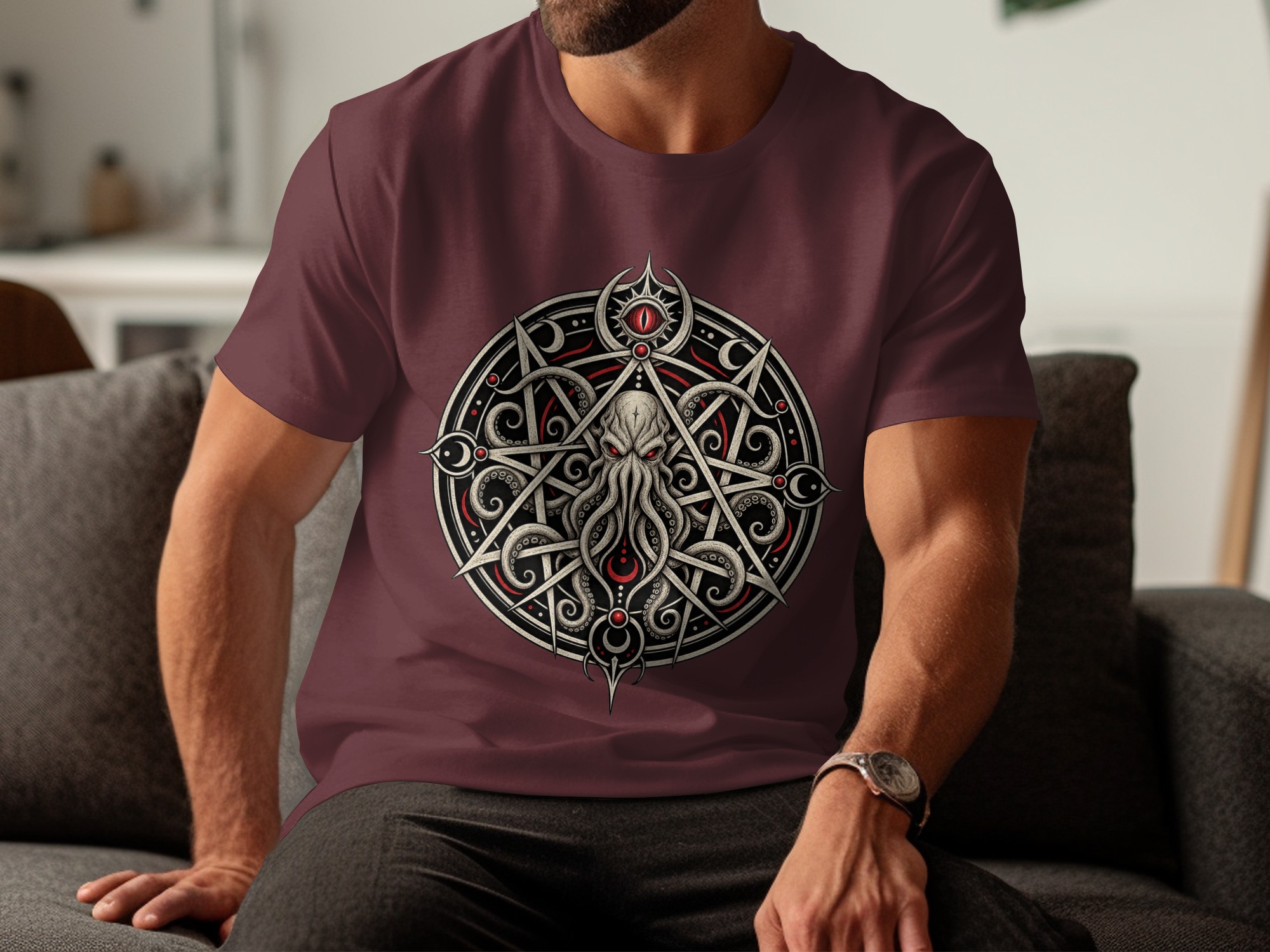 Lovecraftian Cthulhu Pentagram T-Shirt, Eldritch Horror Eye Gothic Occult Graphic Tee for Dark Academia Fans & Fantasy Fan Gift - Image 16