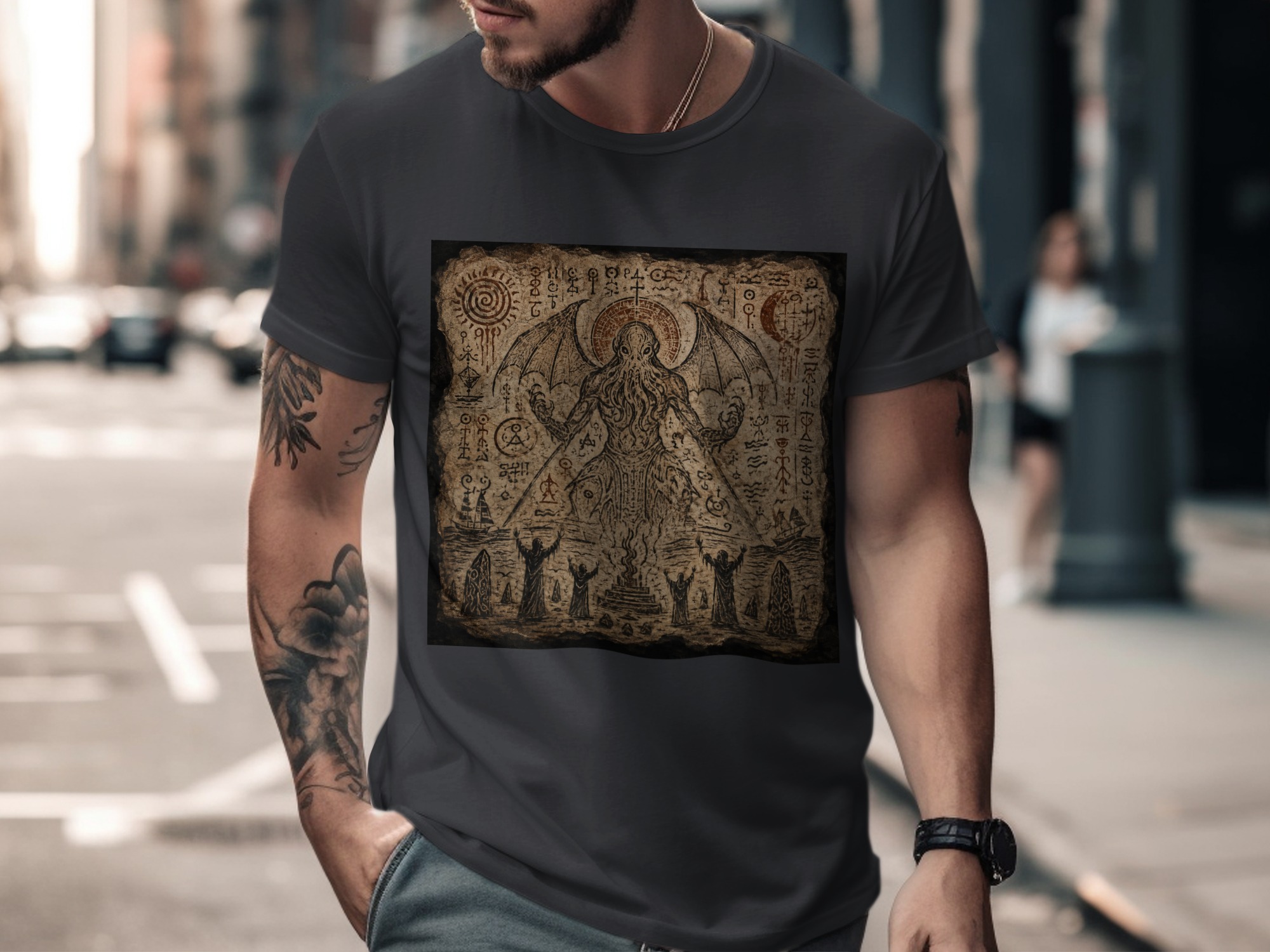 Lovecraftian Cthulhu Summoning Ritual T-Shirt, Eldritch Horror Occult Art Tee, Dark Academia Goth Mythos Fantasy Apparel Gift - Image 8