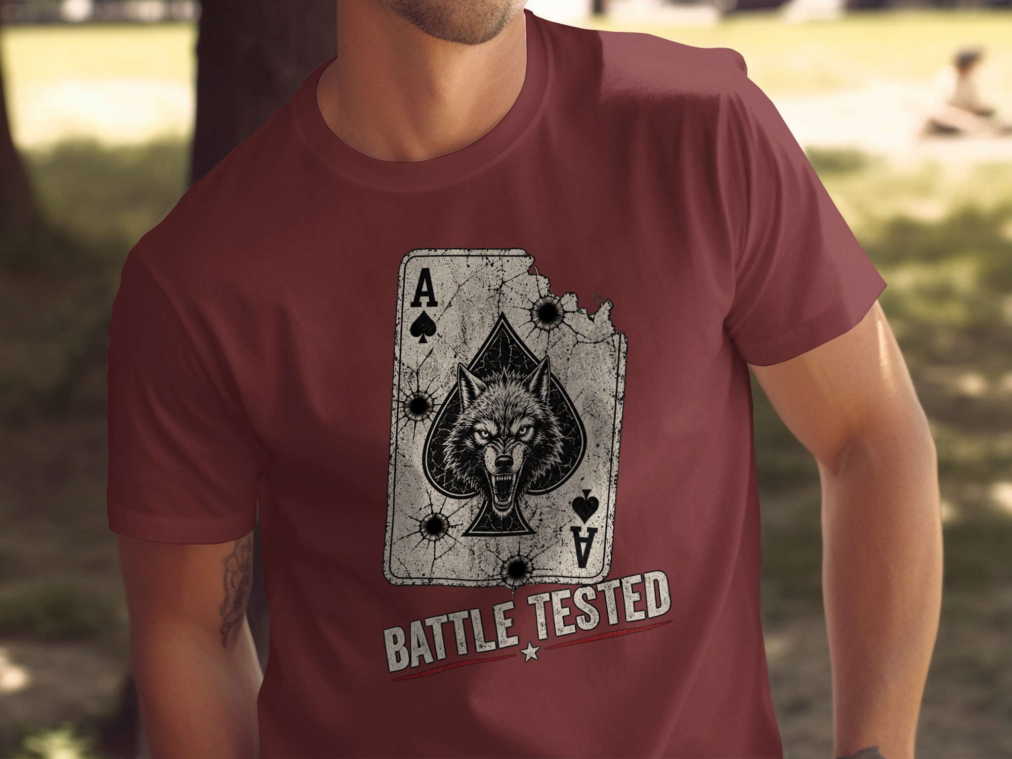 Battle Tested Wolf Ace of Spades T-Shirt, Distressed Grunge Tactical Biker Graphic Tee, Edgy Streetwear Gift For Him Poker Card - Image 13