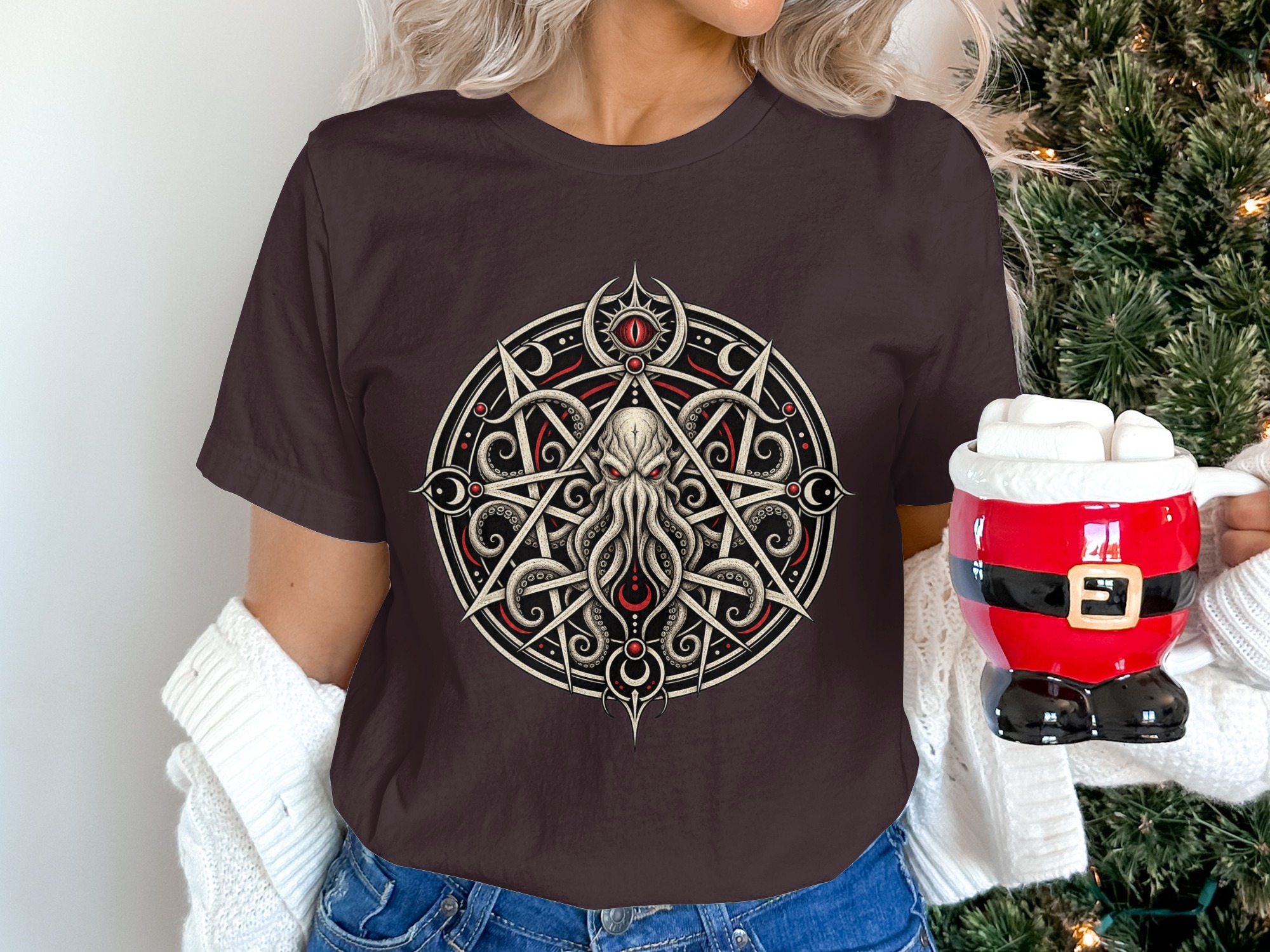 Lovecraftian Cthulhu Pentagram T-Shirt, Eldritch Horror Eye Gothic Occult Graphic Tee for Dark Academia Fans & Fantasy Fan Gift - Image 4