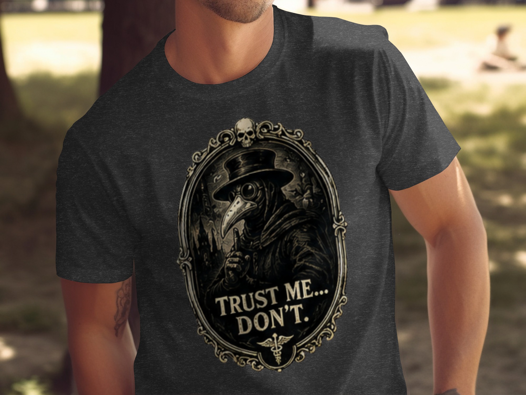 Gothic Plague Doctor 'Trust Me... Don't' T-Shirt, Dark Academia Skull Caduceus Vintage Macabre Humorous Gift Tee - Image 2