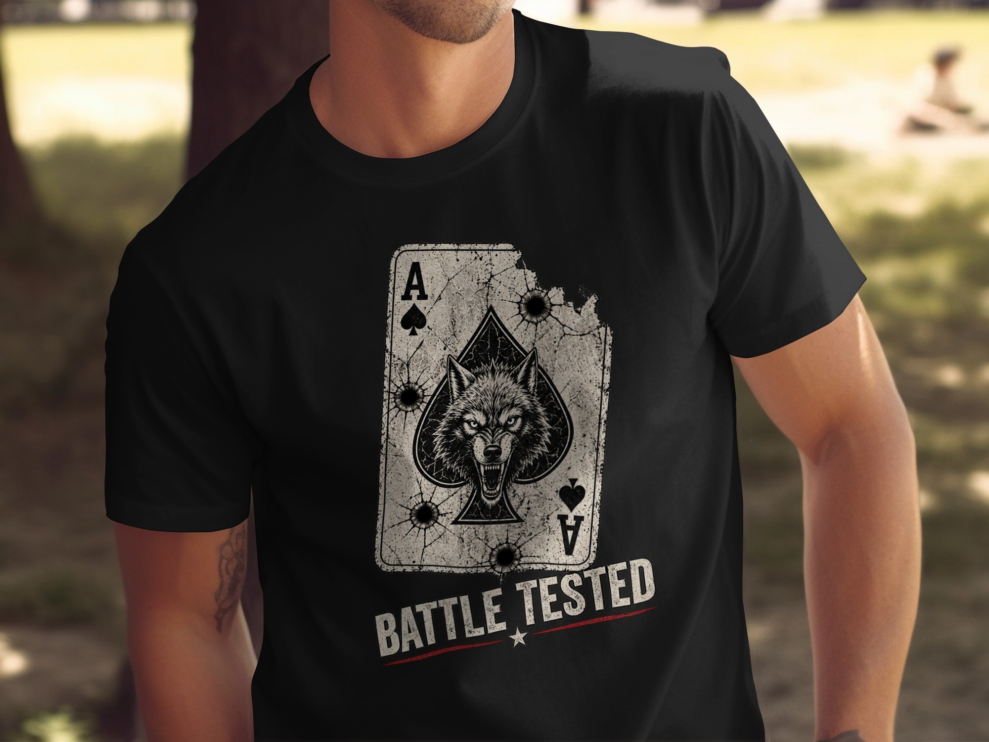 Battle Tested Wolf Ace of Spades T-Shirt, Distressed Grunge Tactical Biker Graphic Tee, Edgy Streetwear Gift For Him Poker Card - Image 5