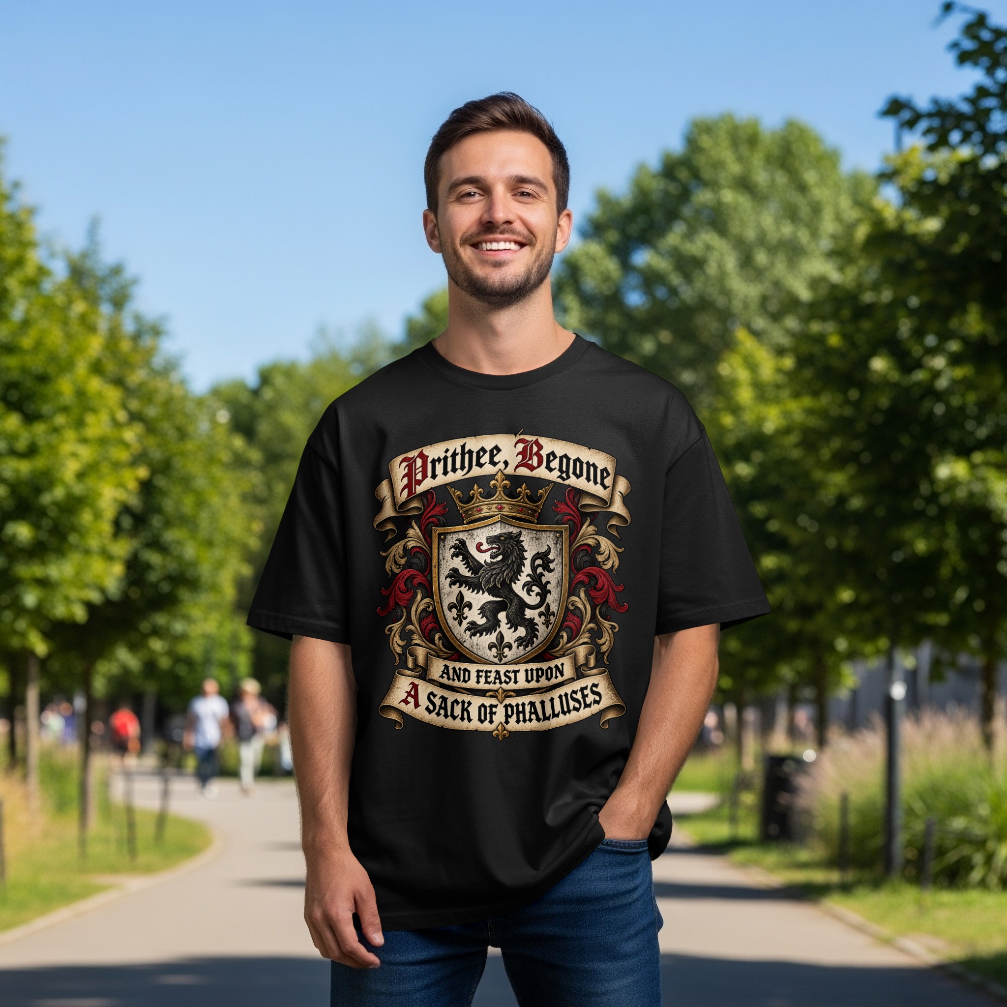 Prithee Begone Shirt Medieval Heraldry Graphic Tee Funny Renaissance Faire Shirt Sarcastic Humor Coat of Arms T-Shirt Gag Gift For Friend - Image 8
