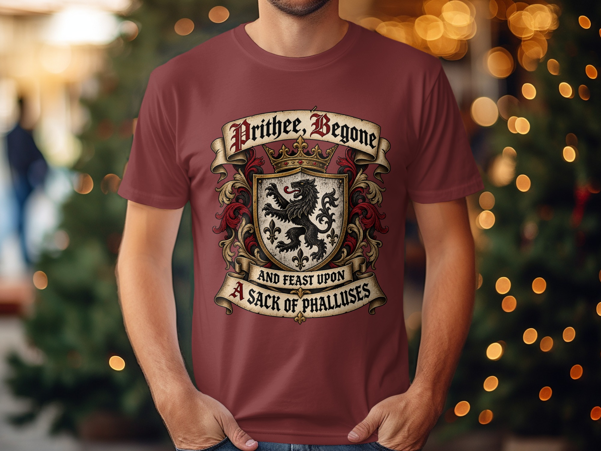 Prithee Begone Shirt Medieval Heraldry Graphic Tee Funny Renaissance Faire Shirt Sarcastic Humor Coat of Arms T-Shirt Gag Gift For Friend - Image 4